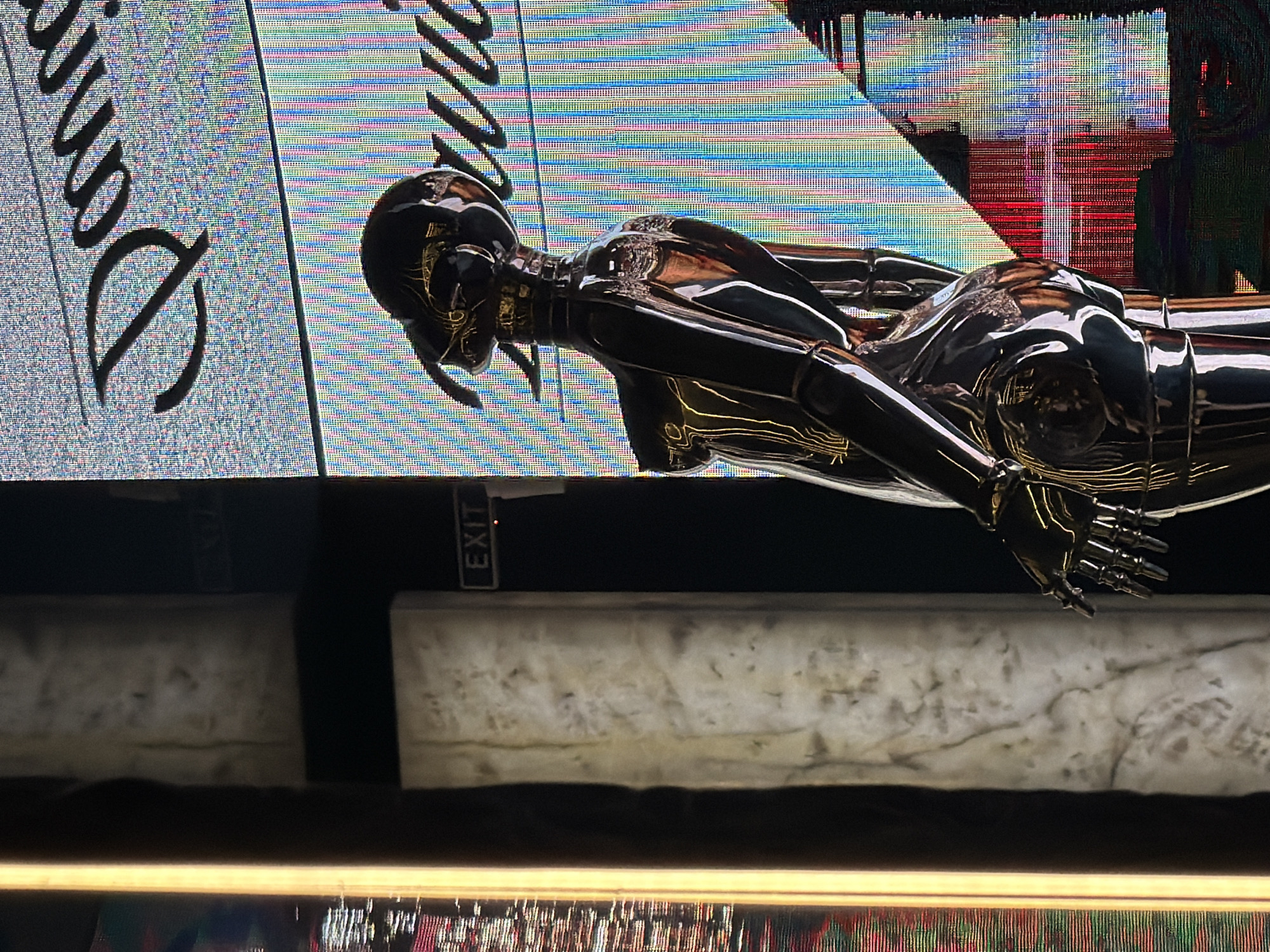 Metallic humanoid sculpture inside a Sofia nightclub