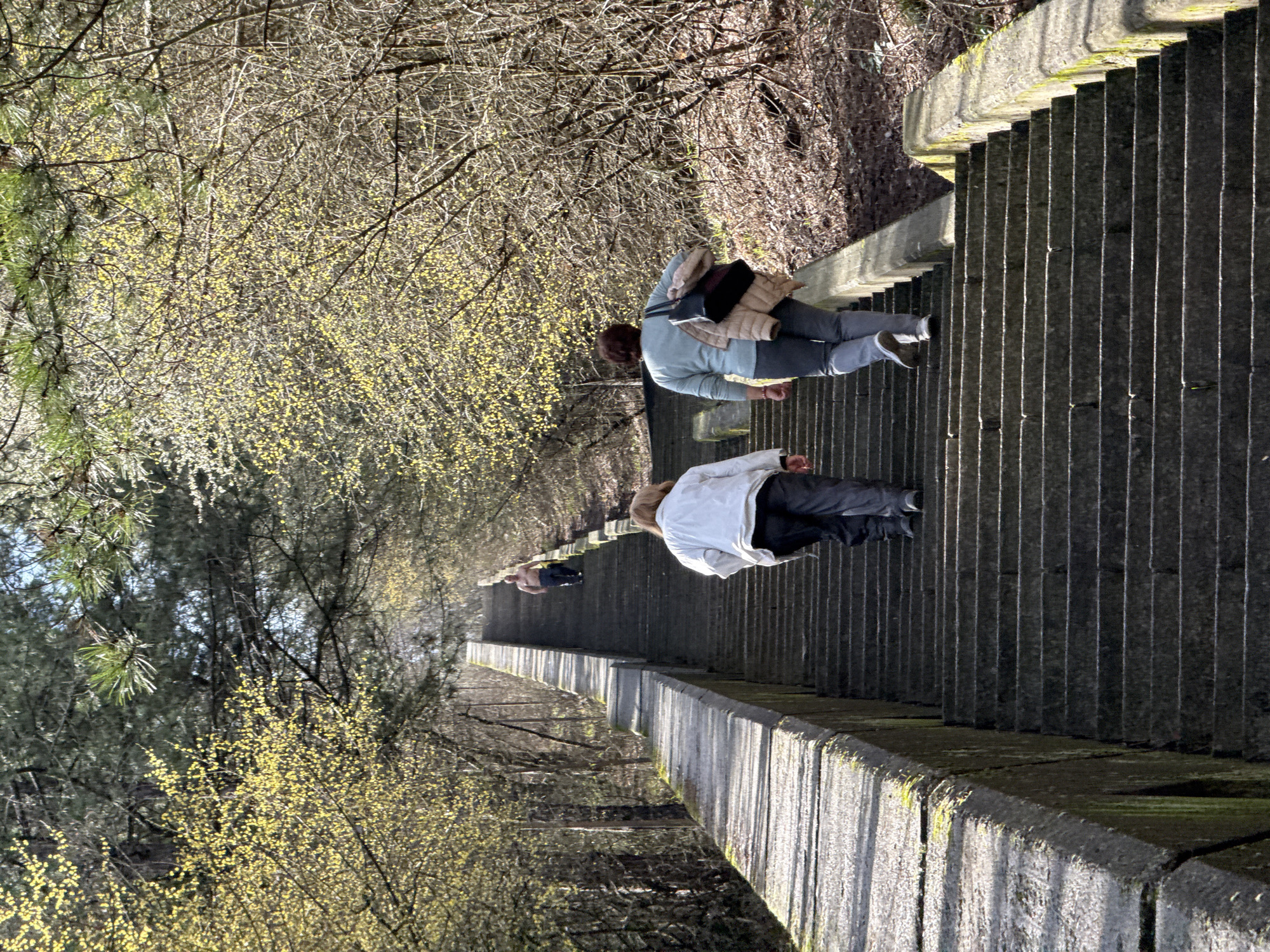 People walk stone staircase in Shumen park