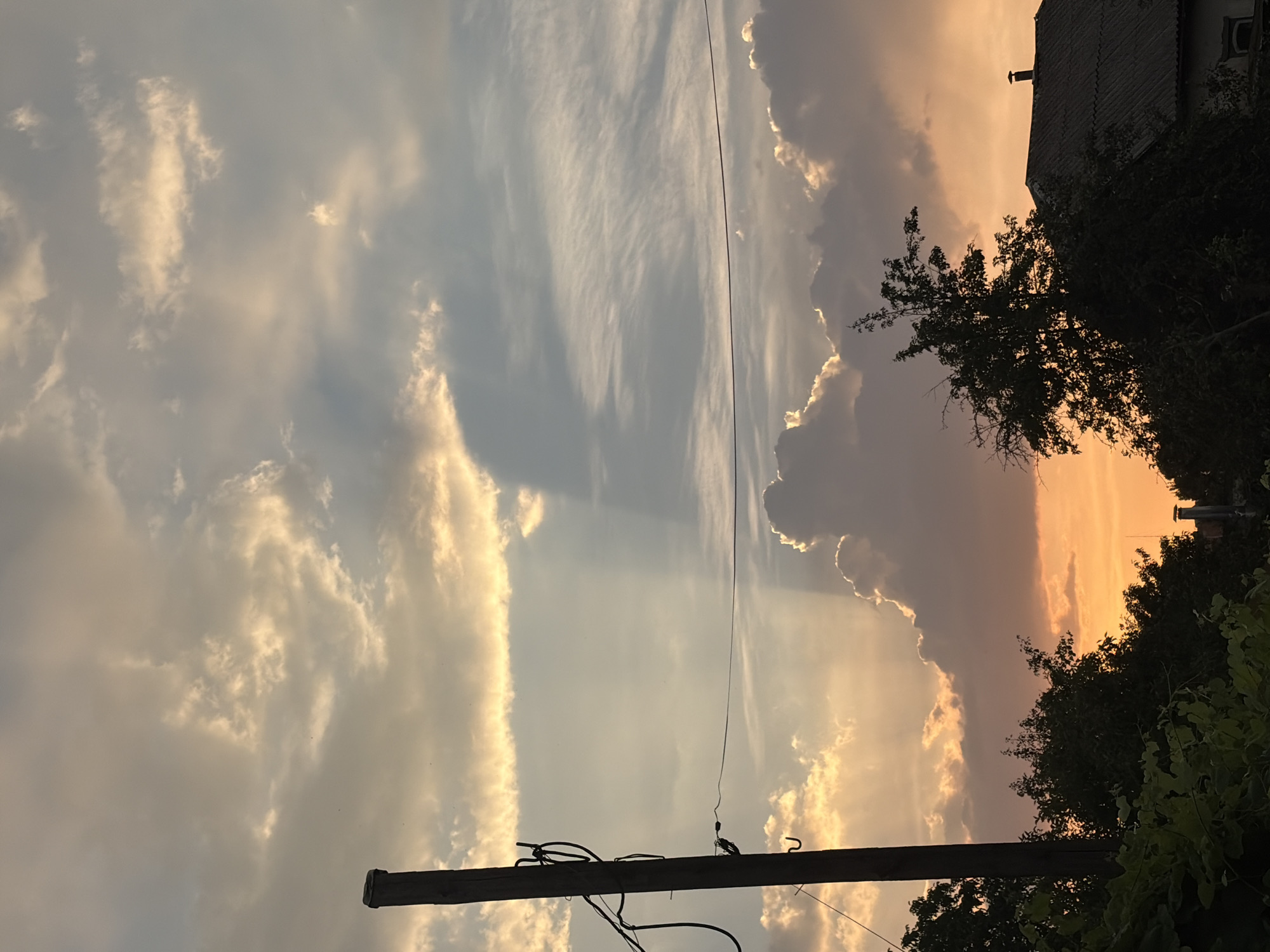 Sunset skies, utility poles, and a backyard selfie.