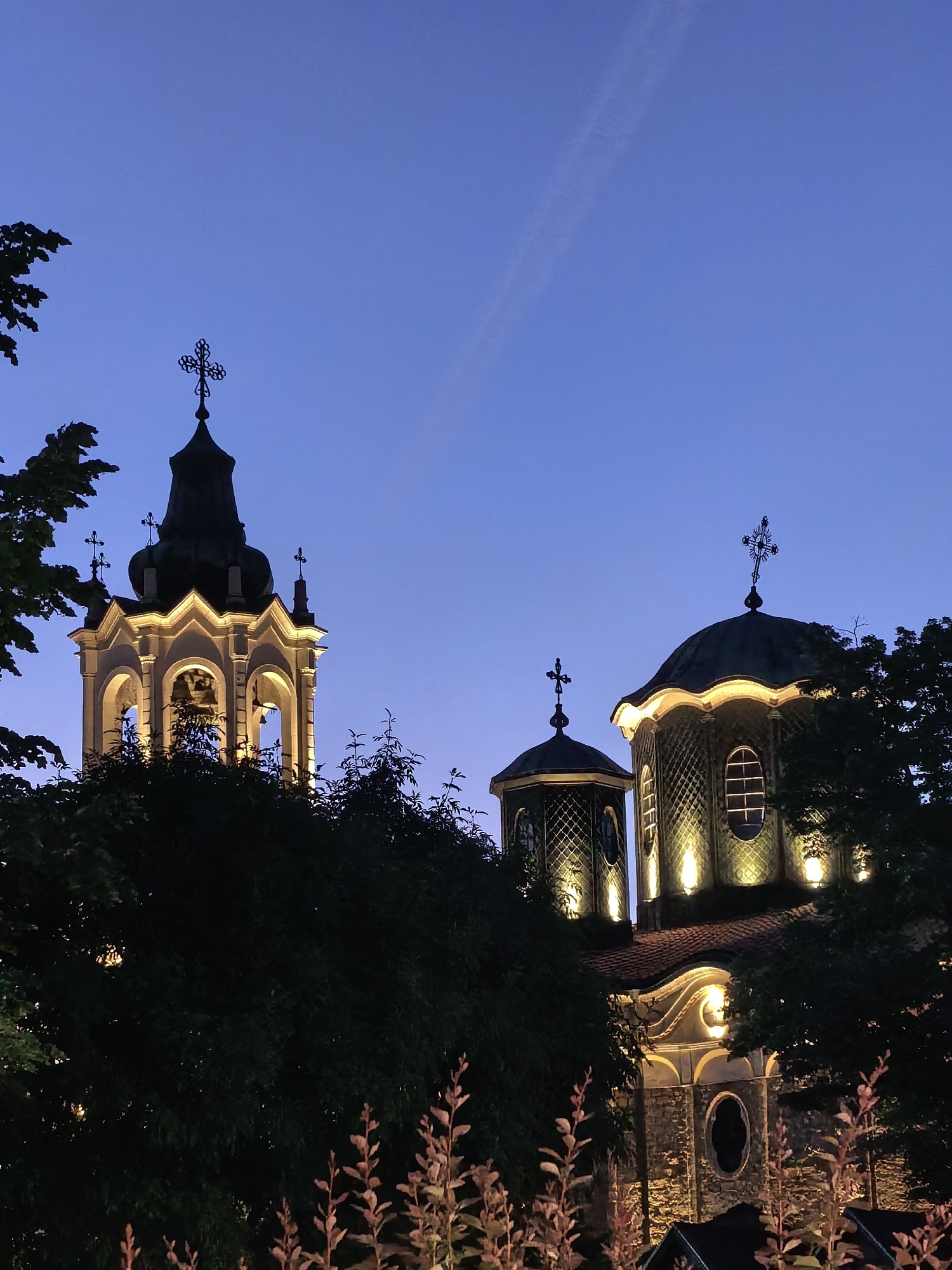 Twilight scenes documented in Svishtov, Bulgaria featuring church and streetlights