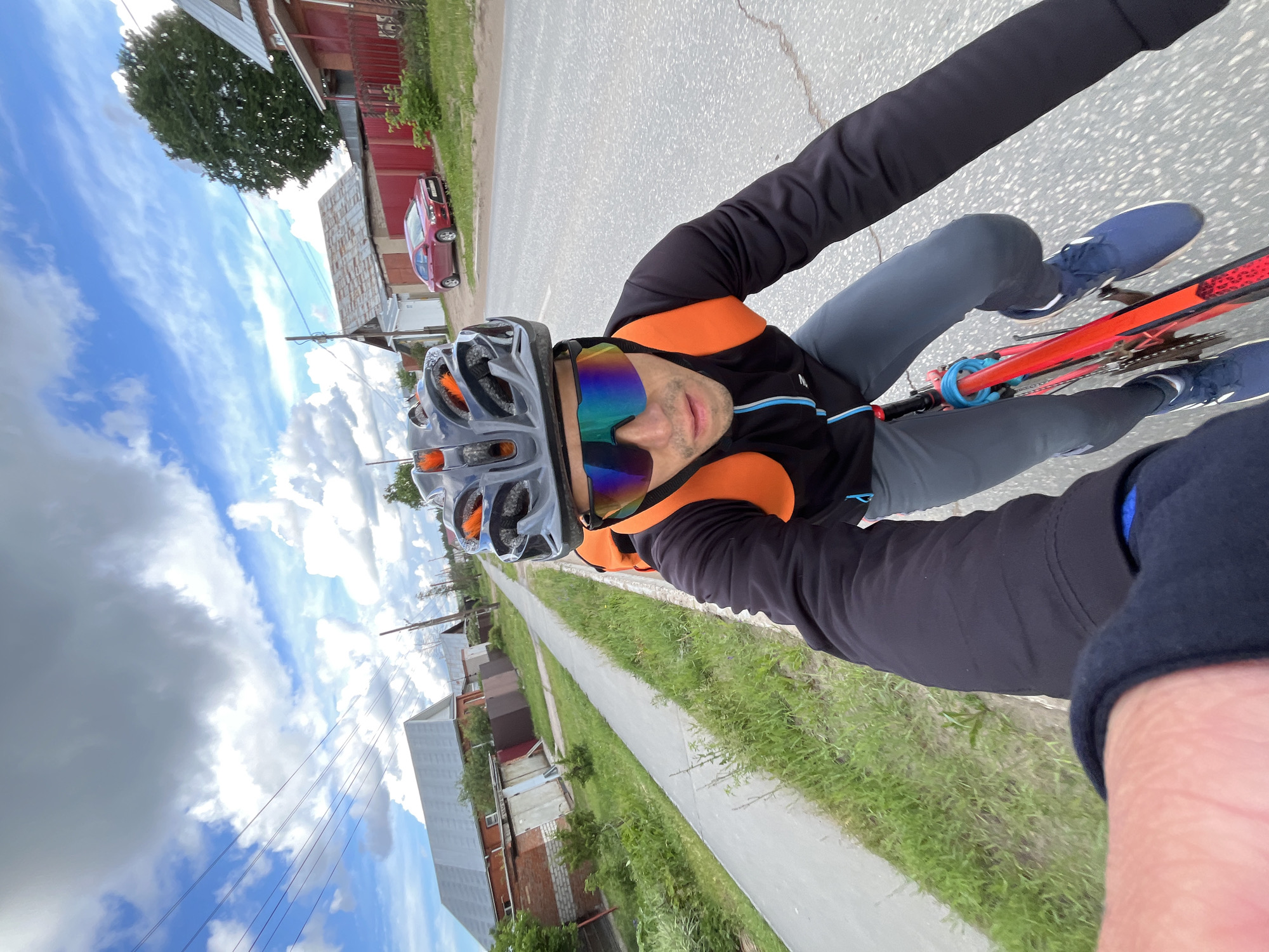 Cyclist takes selfie during daytime ride in Chaikovsky, Russia
