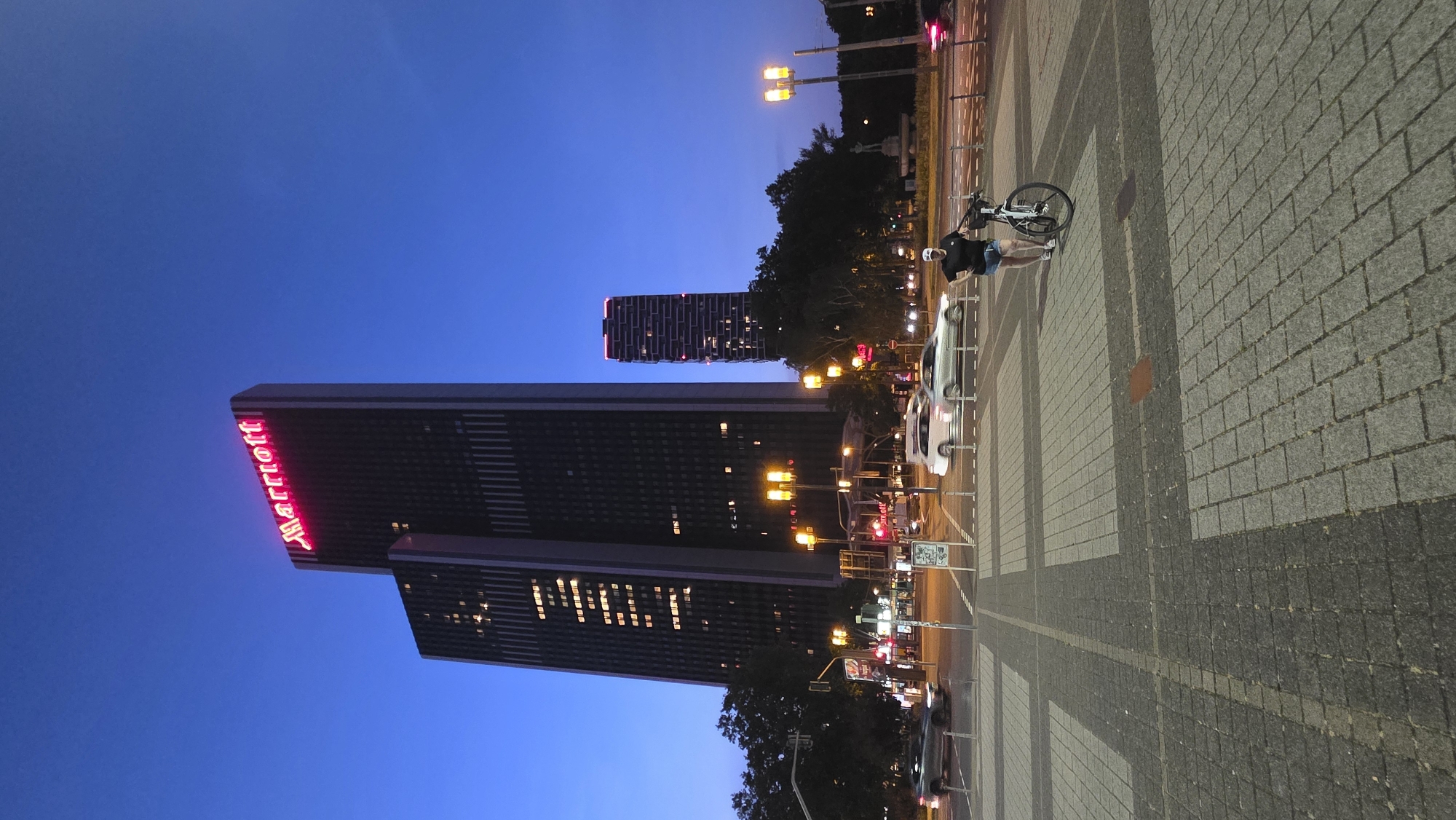 Frankfurt skyline at blue hour, towers and trams