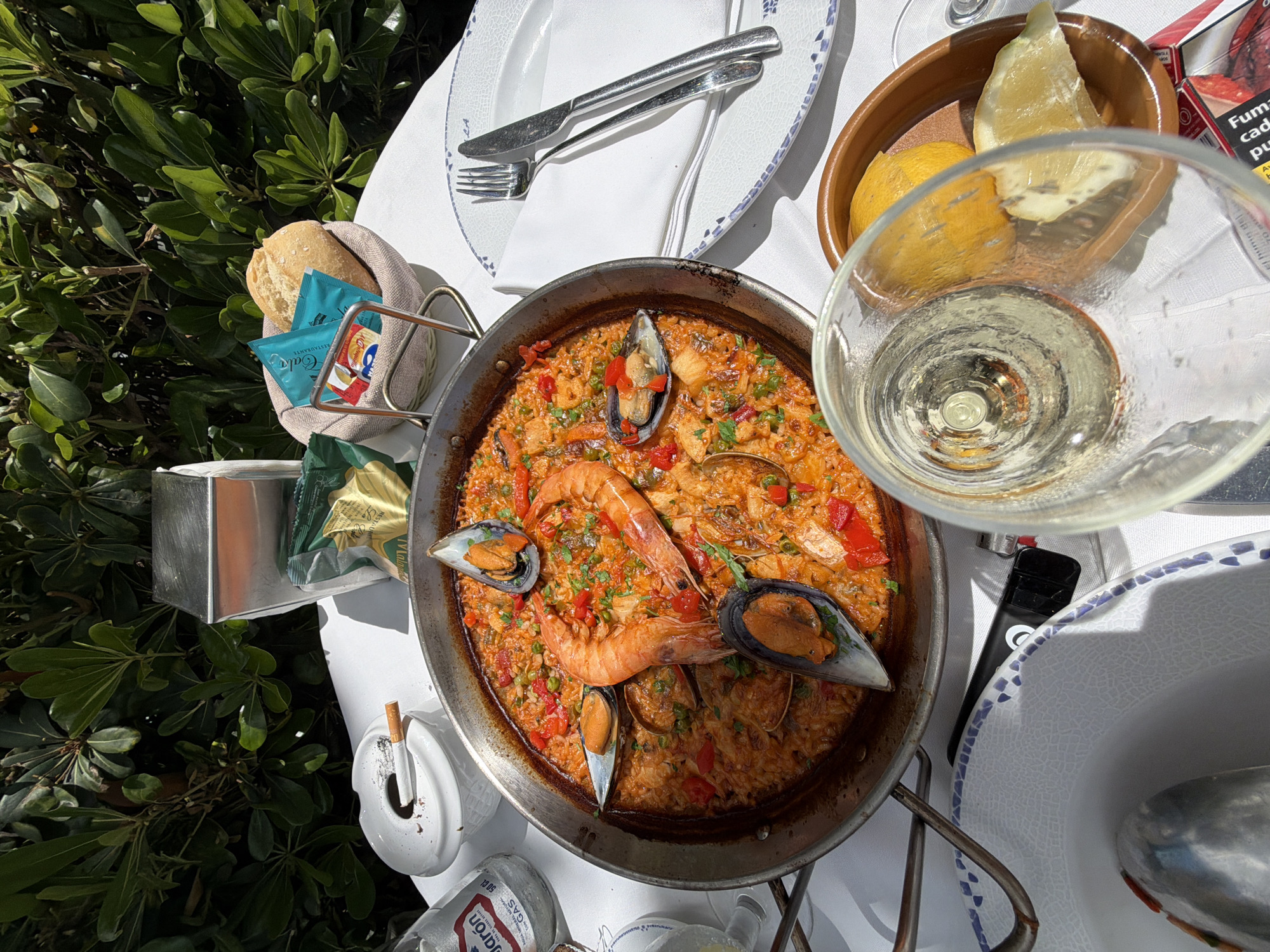 Seafood paella lunch served at coastal restaurant in Benalmádena