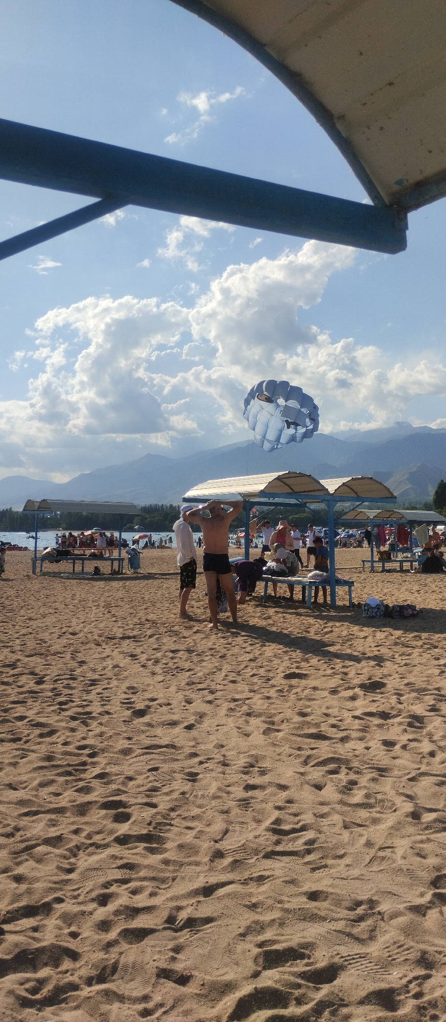 Packed summer beach day at Lake Issyk-Kul, Kyrgyzstan