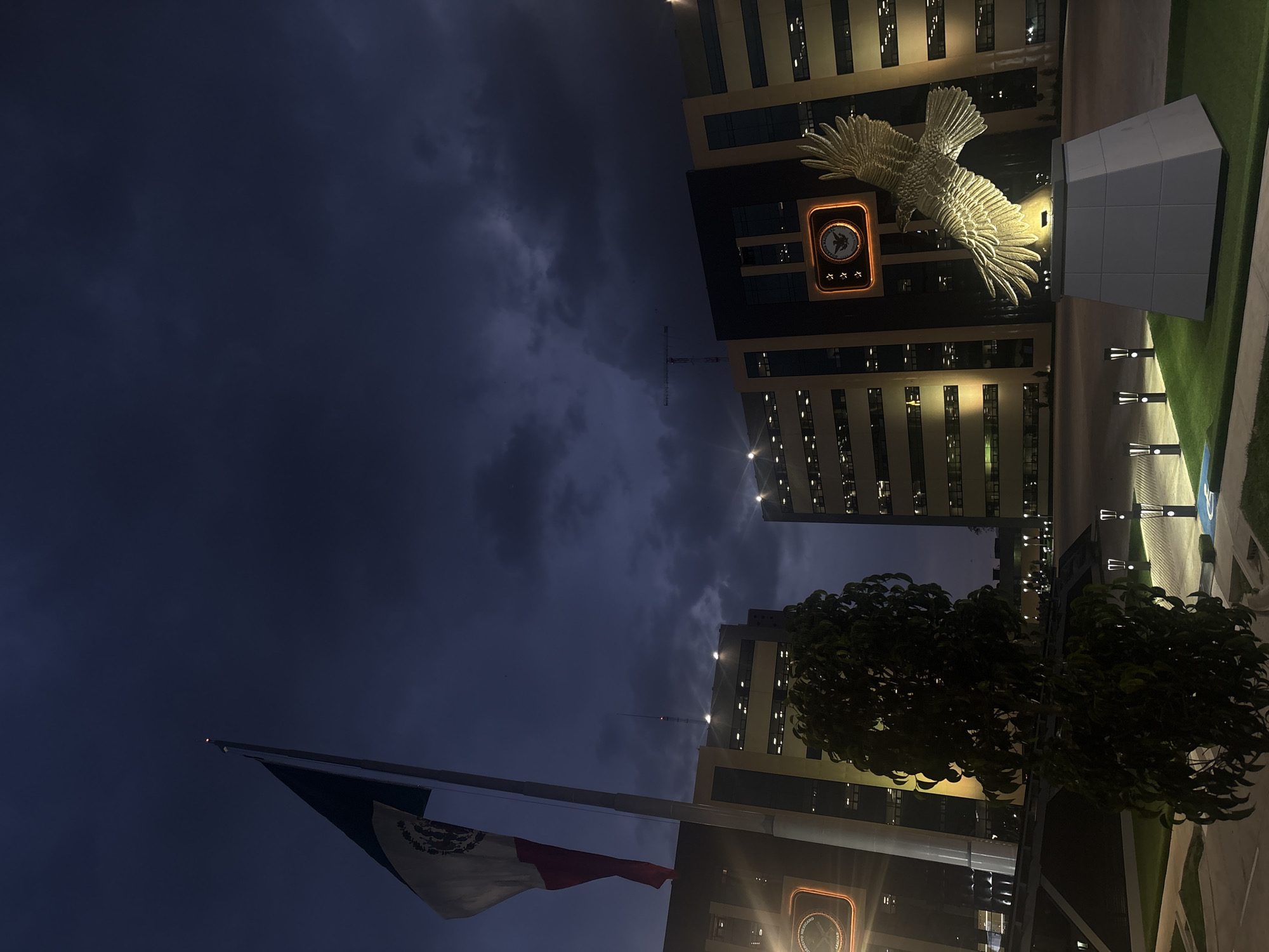 Nighttime scenes documented across Mexico City including flags, buildings