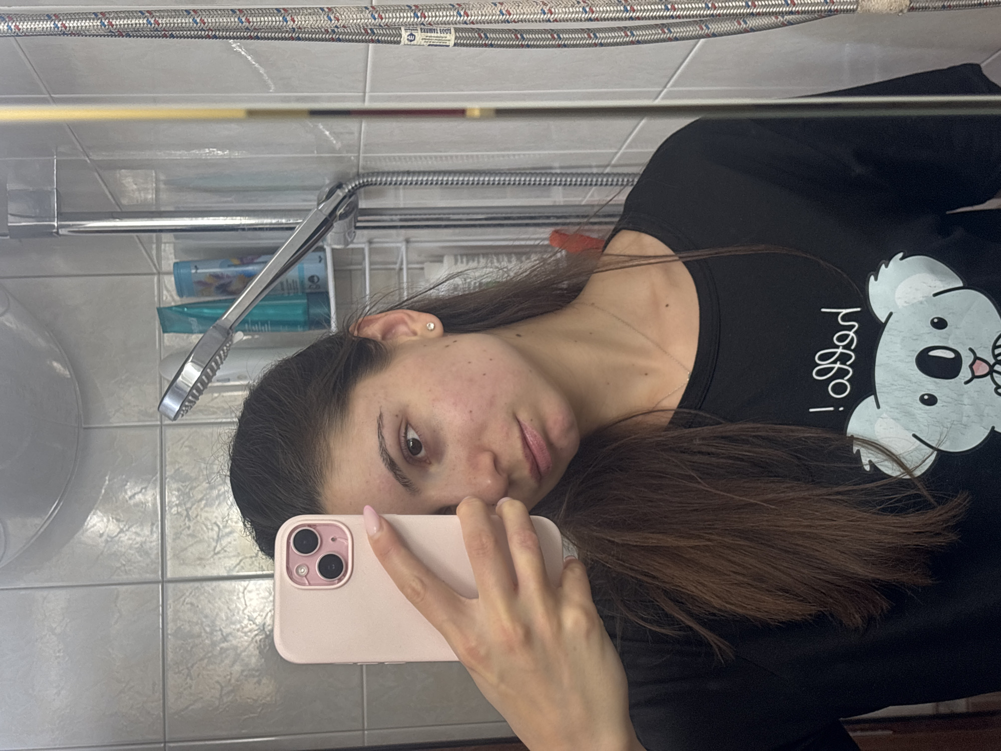 Bathroom mirror selfie in Varna, koala tee front and center