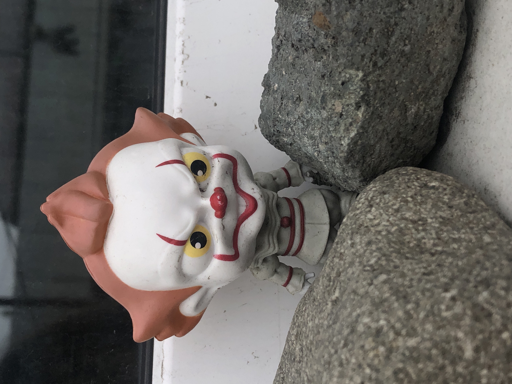 Grey cat and Pennywise figurine share the frame in Yelizovo