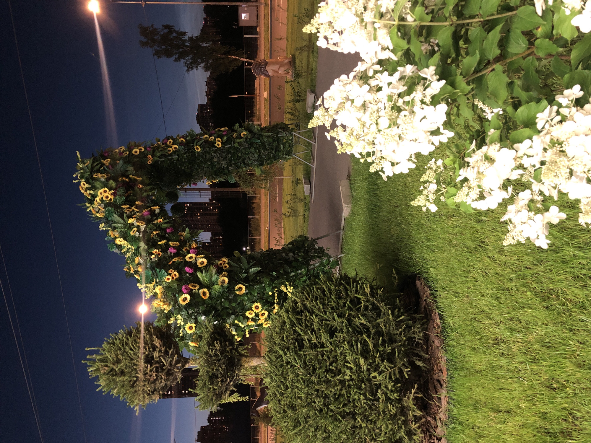 Floral archways, deer, and rose sculptures light up an urban park at night