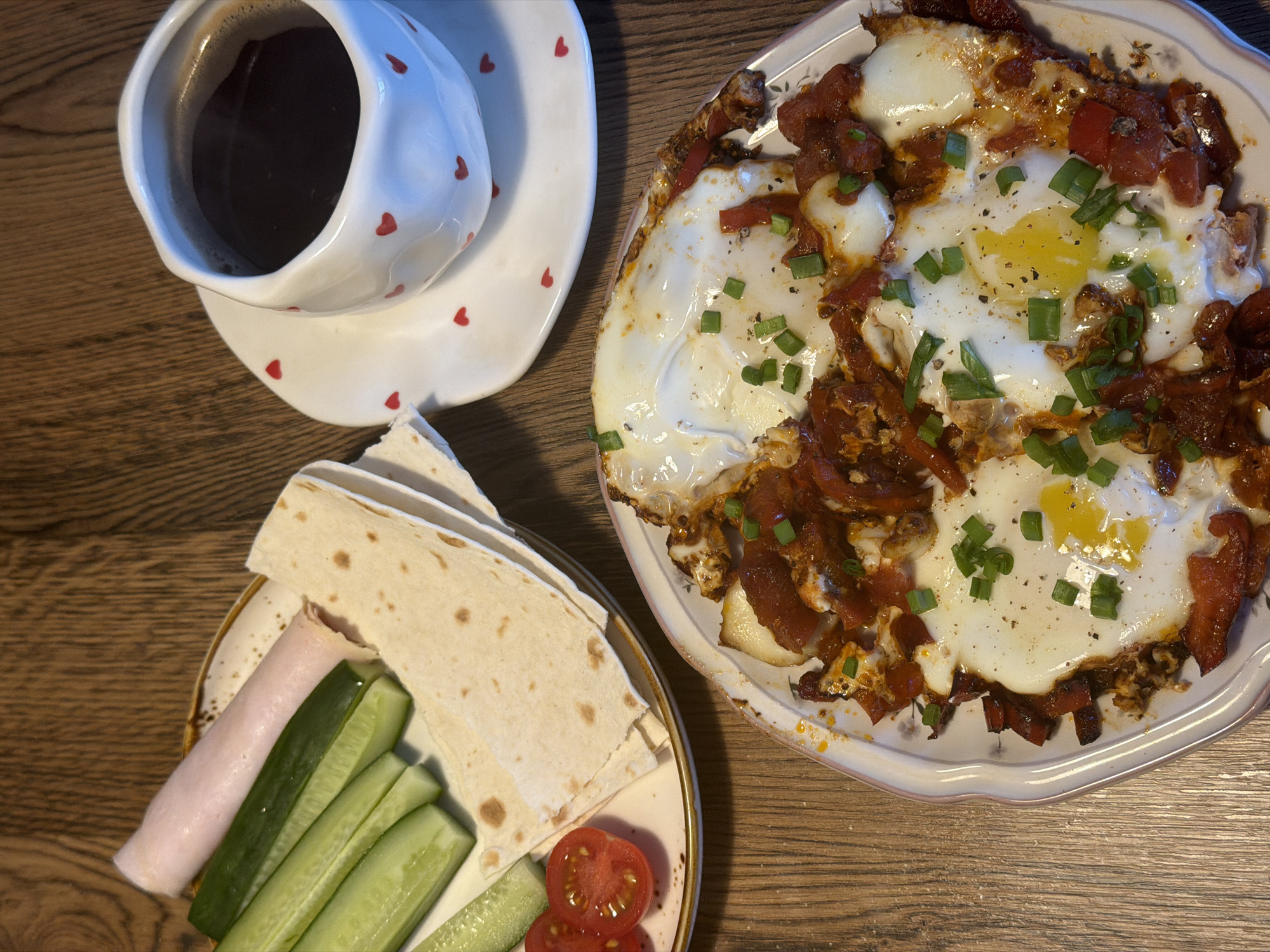 Breakfast spread with shakshuka documented in Perm, Russia