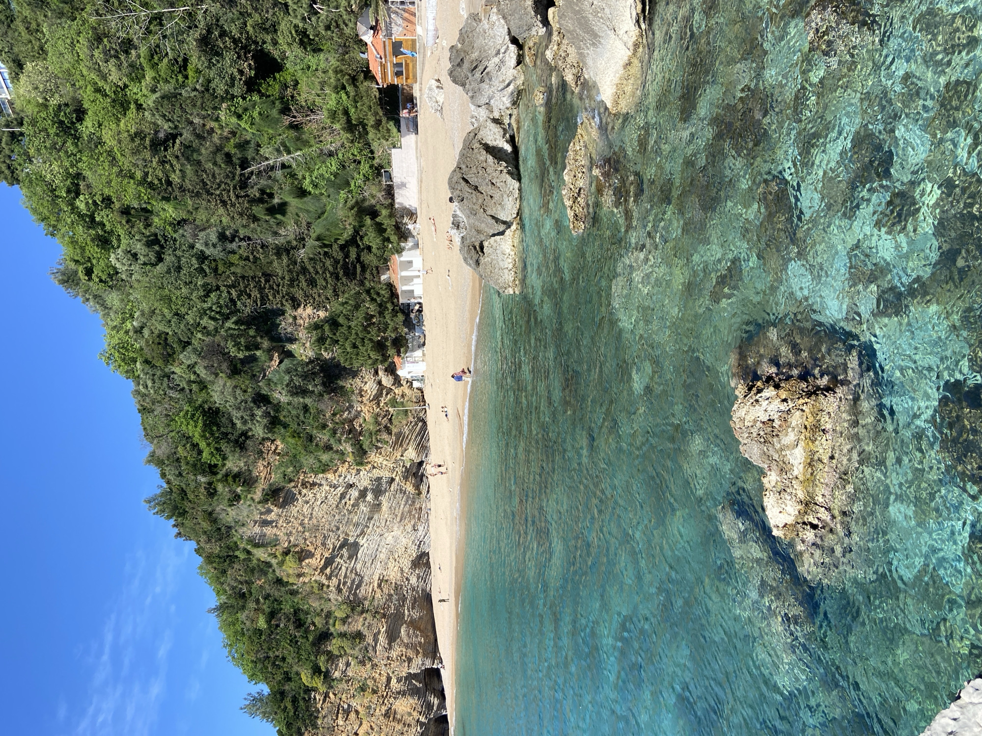Aerial view captures pristine Budva beach cove in Montenegro