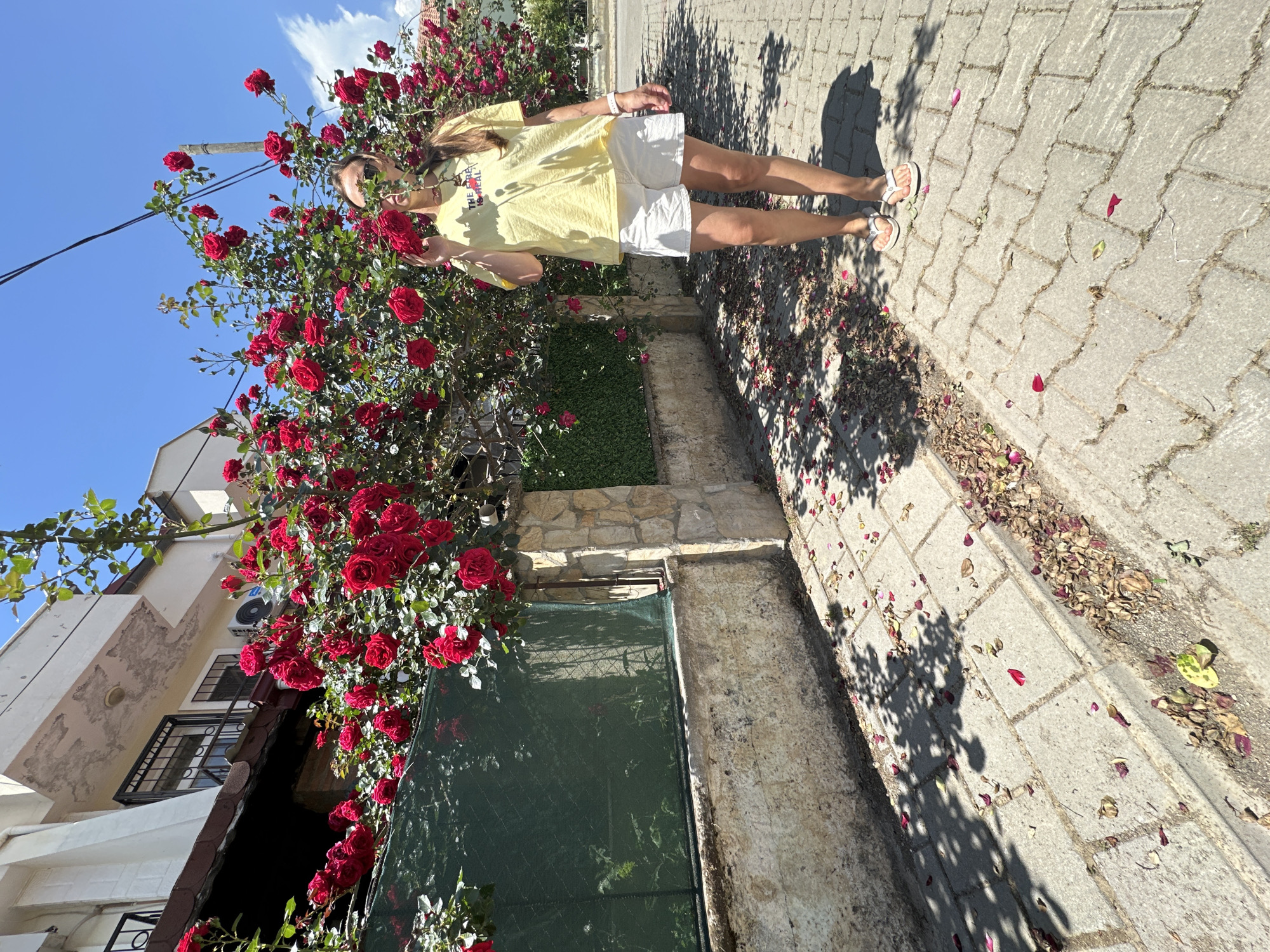 Woman documents morning rose garden walk in Fethiye, Turkey