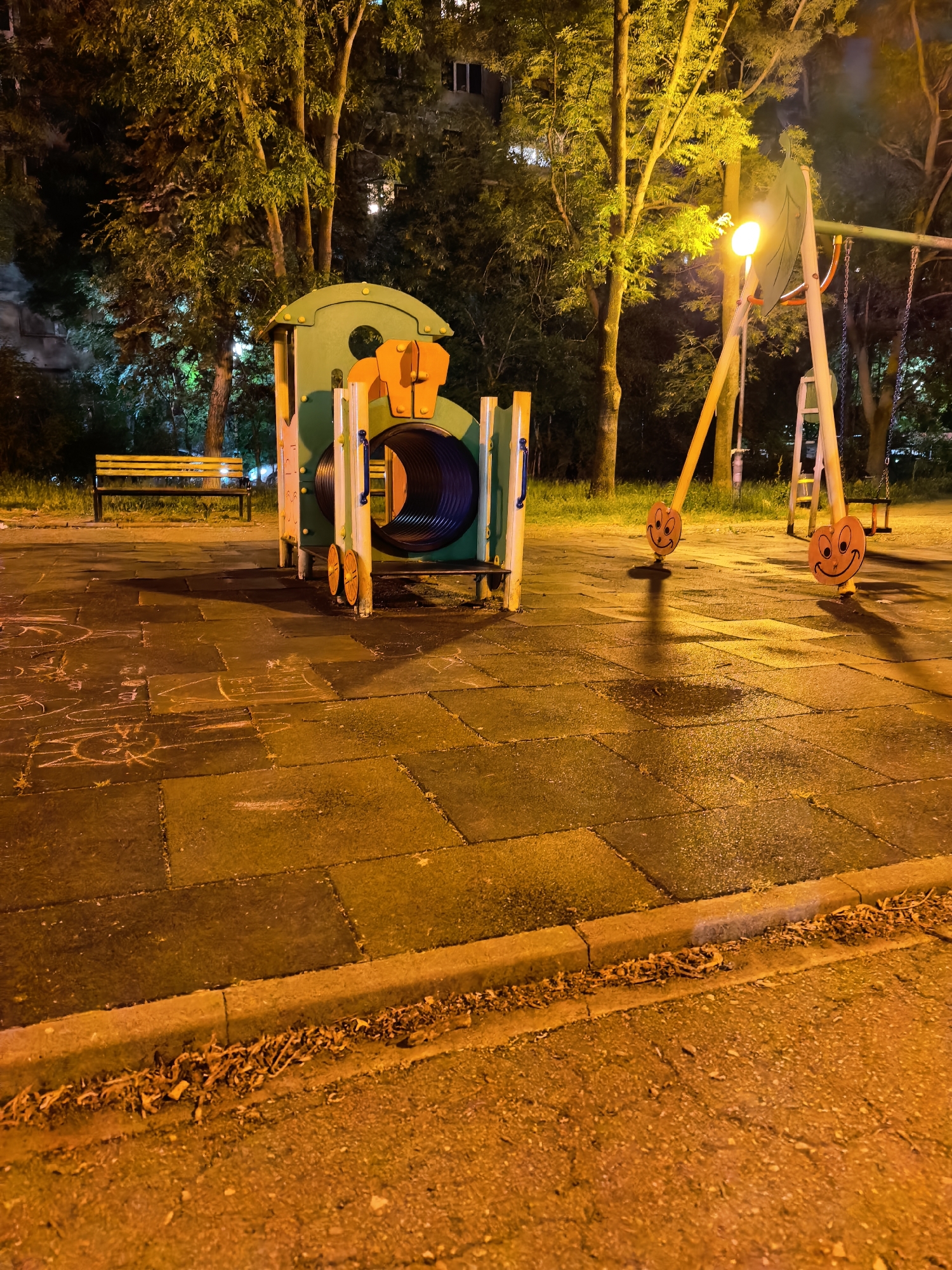 Night view of train playground structure in Sofia