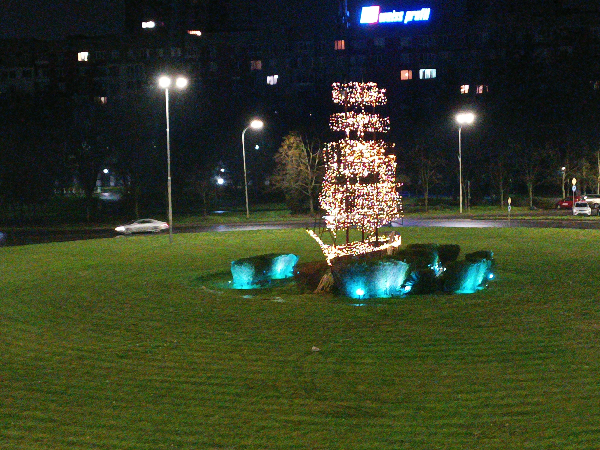 Ship-shaped light display illuminates Burgas median at night
