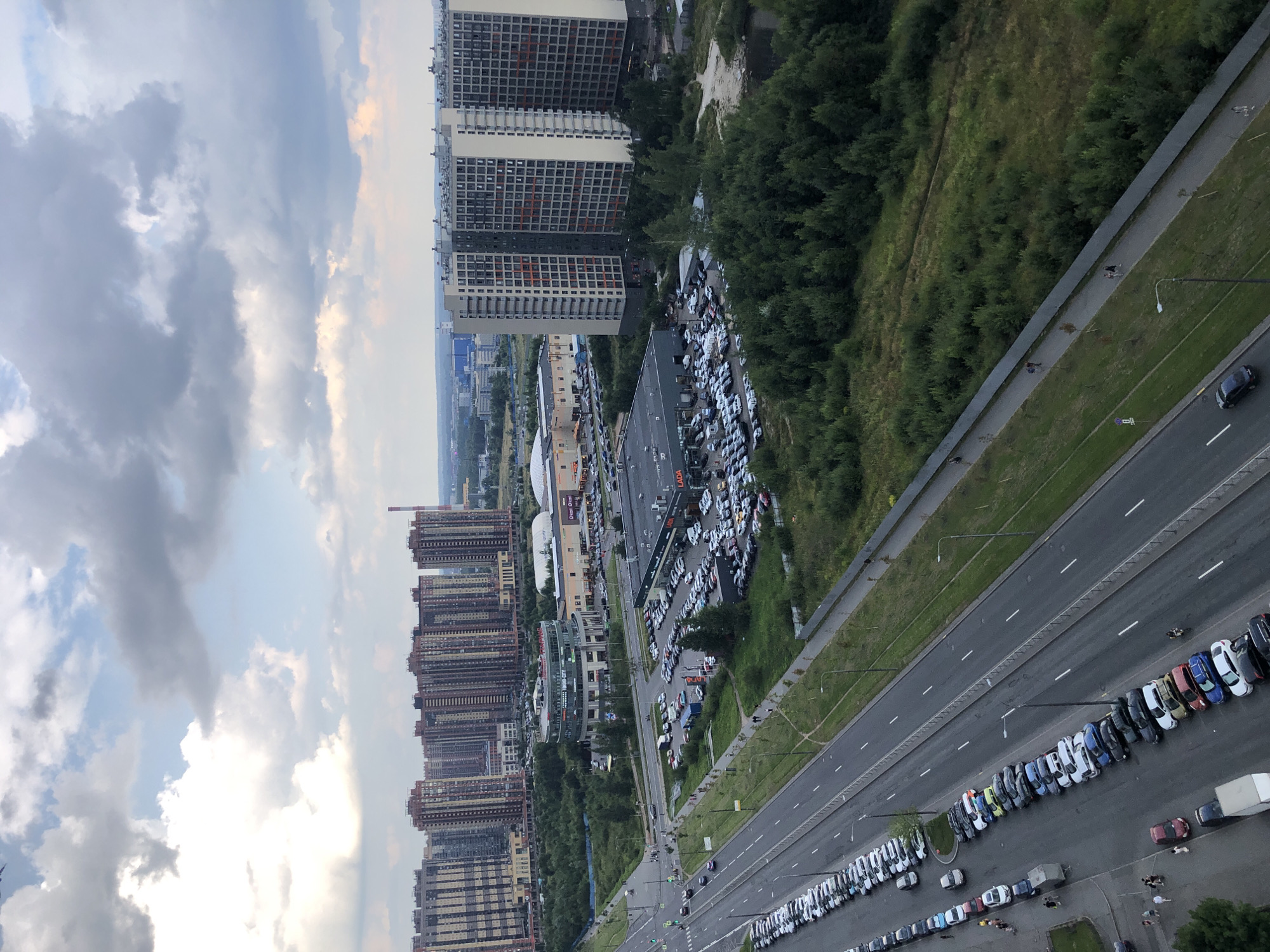 City rooftops, busy roads, and a cat at the window