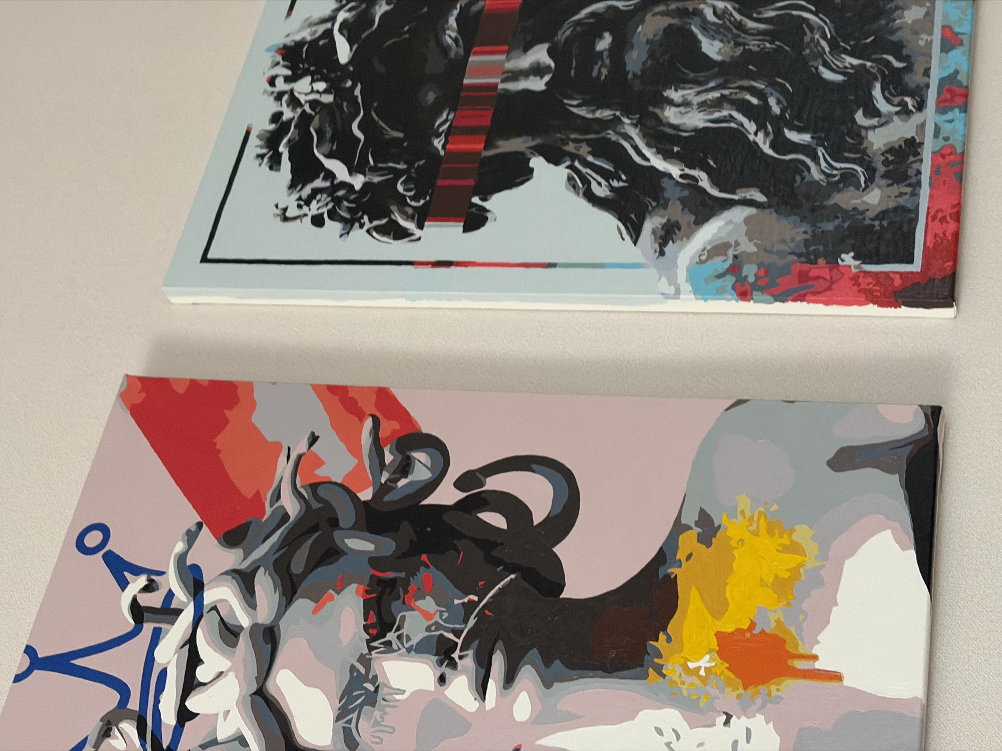 Abstract classical bust paintings displayed in Krasnodar interior