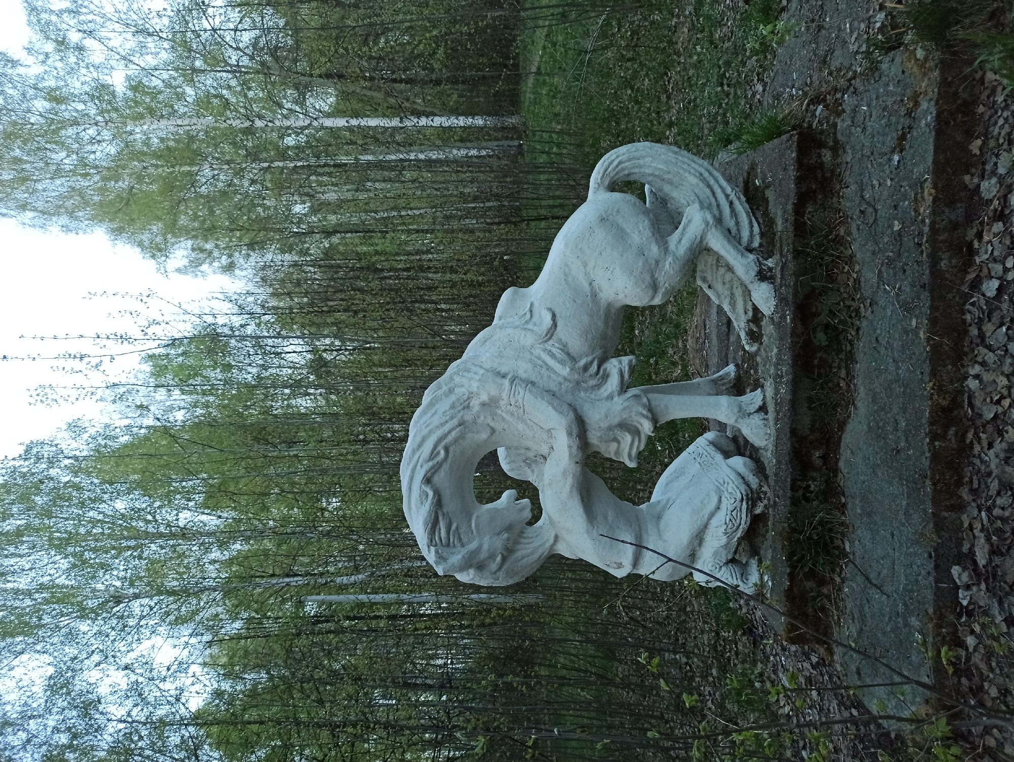 Walker spotted in birch forest near woman-horse statue