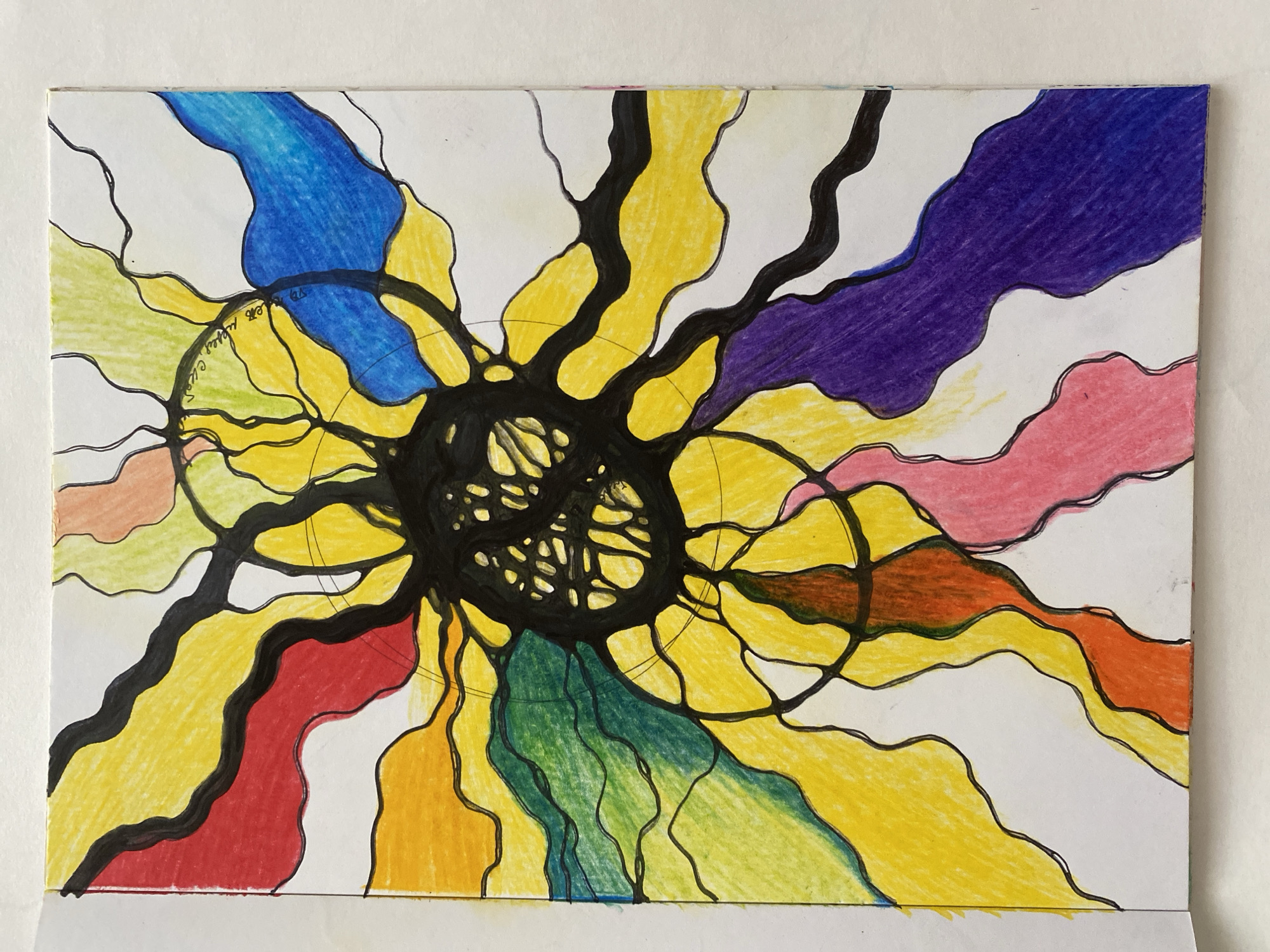 A series of colorful neurographic-style drawings in black ink and colored pencil