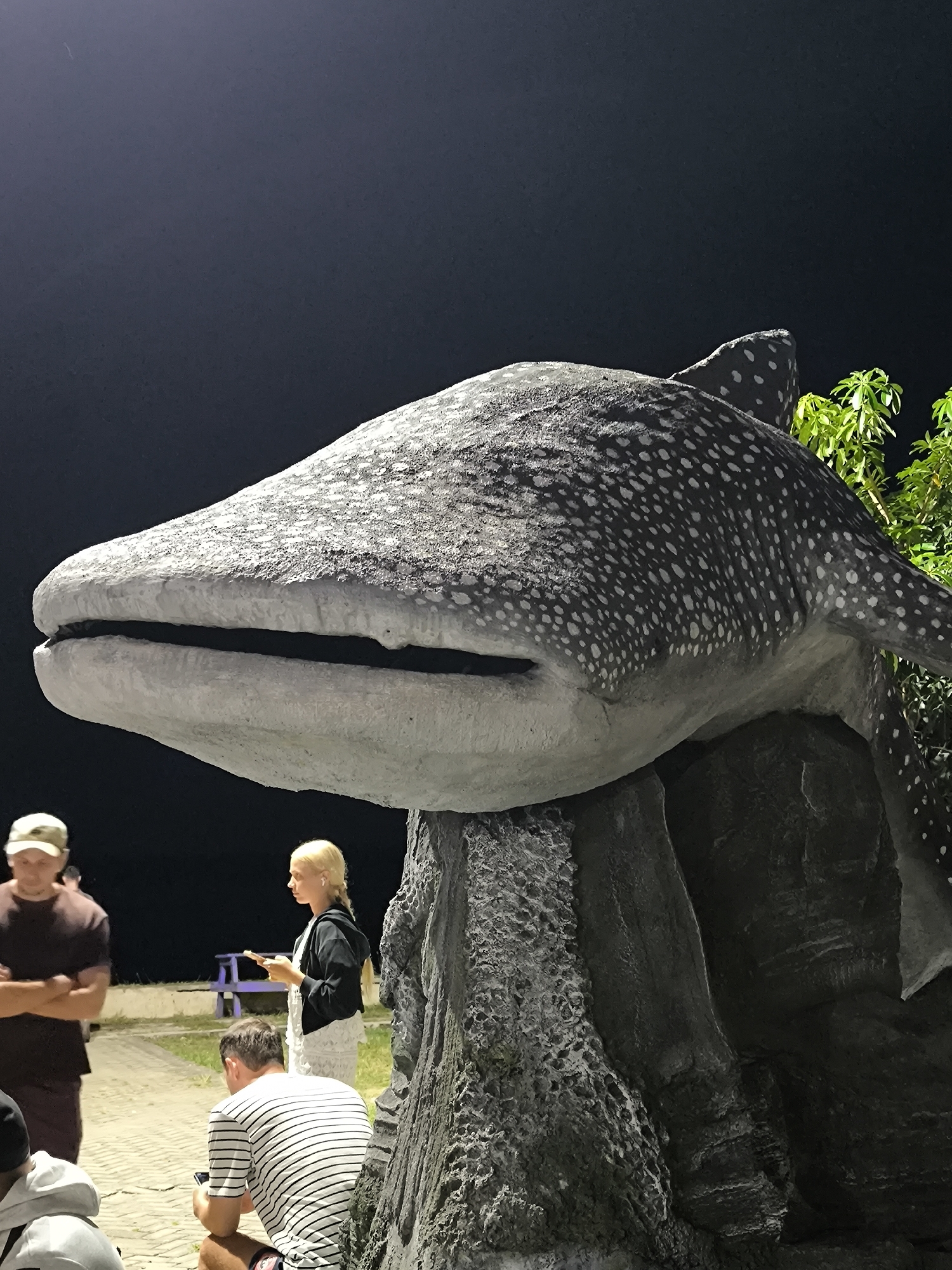 Whale shark statue draws visitors in Labuan Jambu