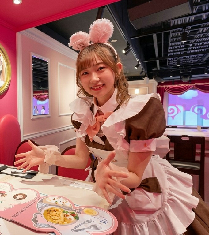 Maid cafe worker photographed at themed establishment in Shinjuku