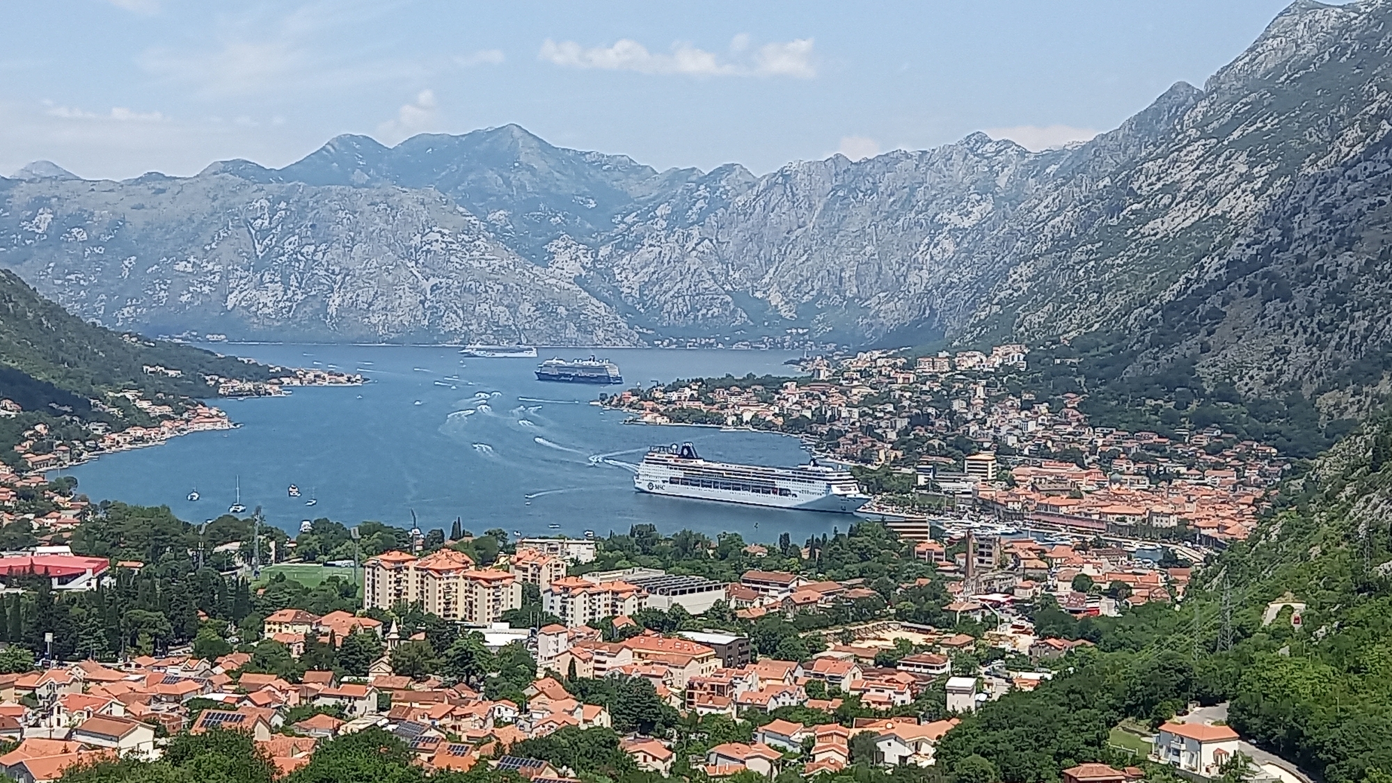 Aerial view captures cruise ships in Montenegro's Bay of Kotor