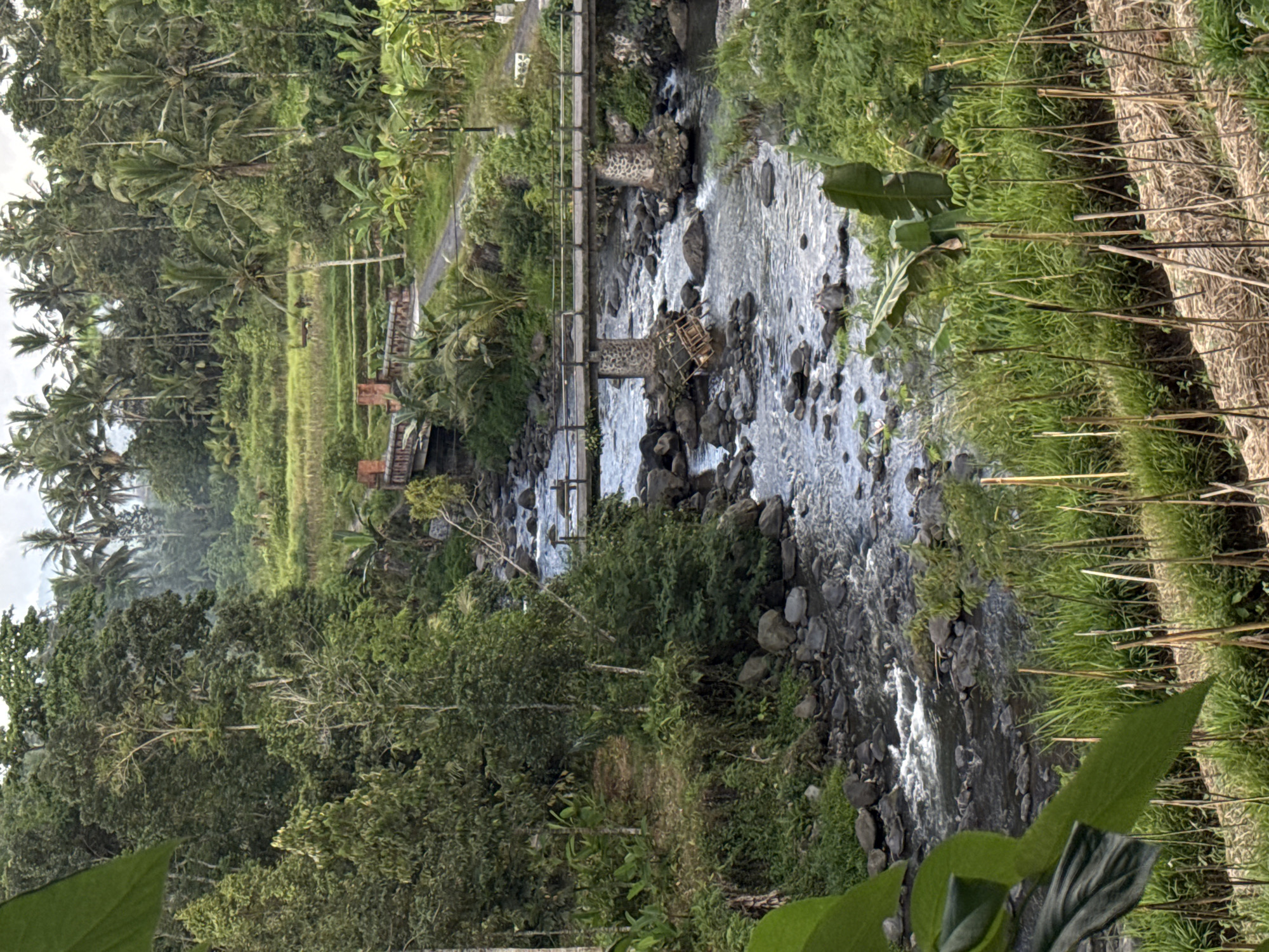 Sidemen river, shrines, and Mount Agung on a June morning