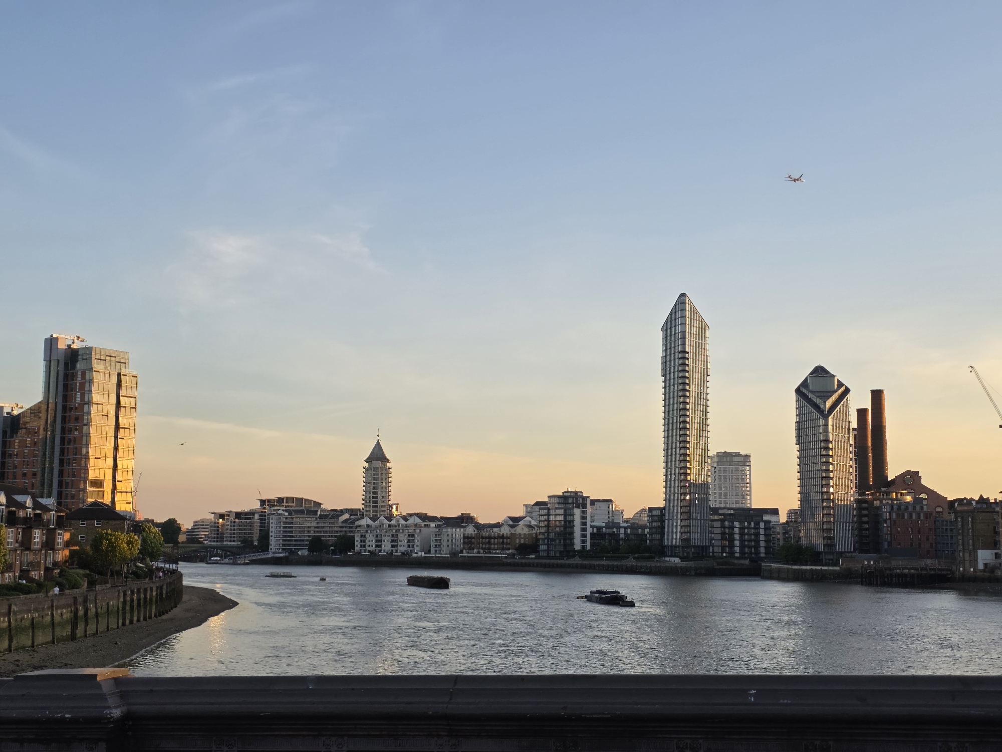 Thames riverfront at golden hour, London