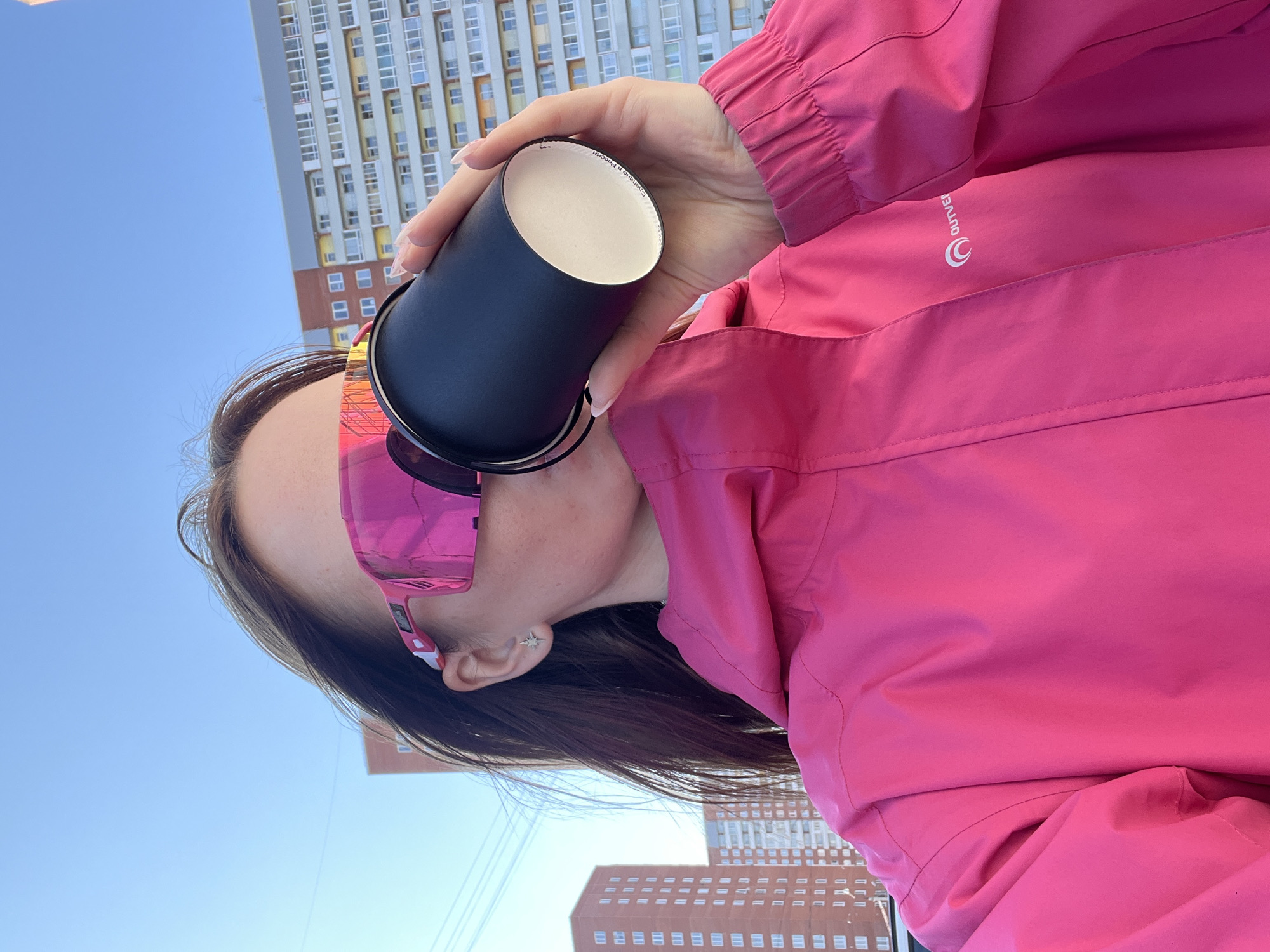 Woman's morning coffee outing documented in Berezniki, Russia