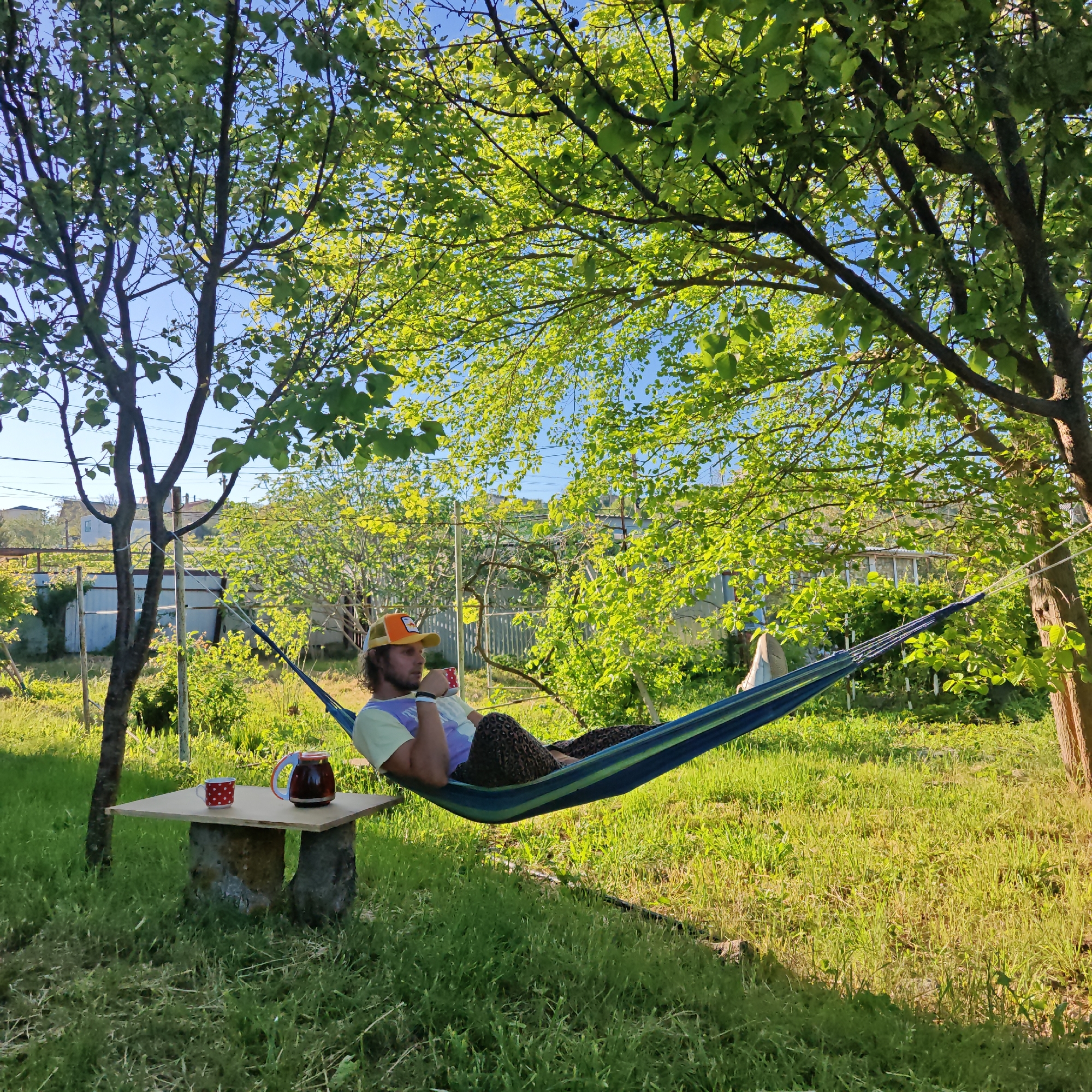 Man enjoys afternoon rest with tea in Shcholkine backyard
