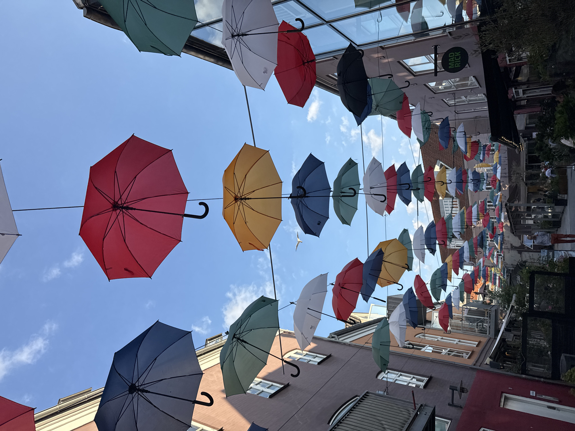 Colorful umbrella canopy installation lines a Vejle street