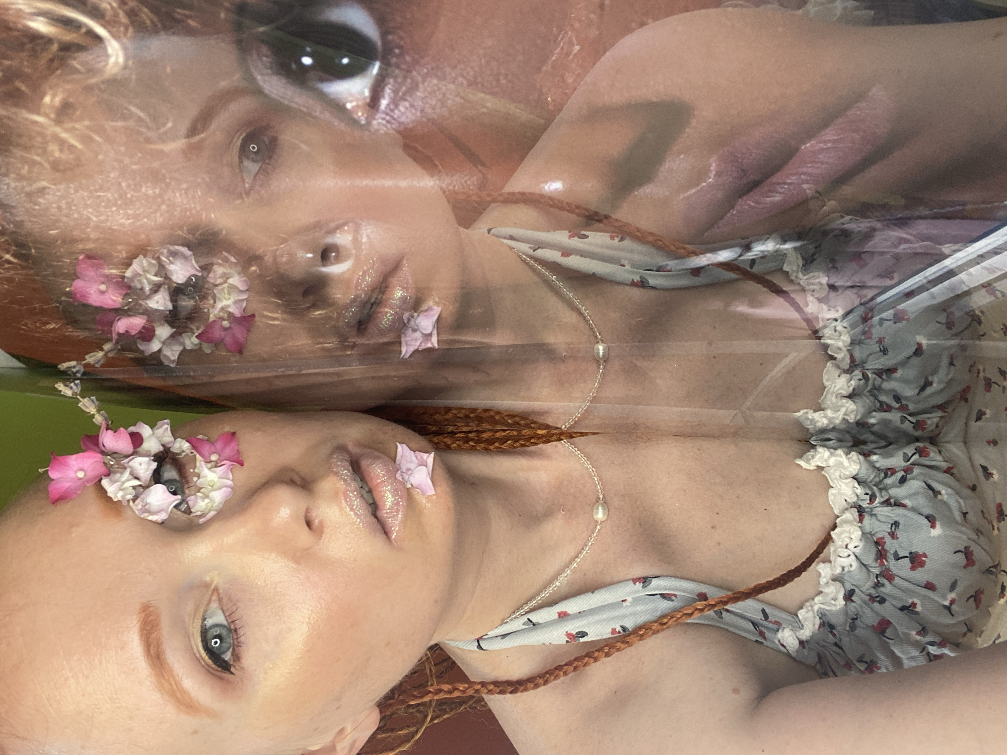 Artistic selfie series with floral looks and a Yorkie cameo