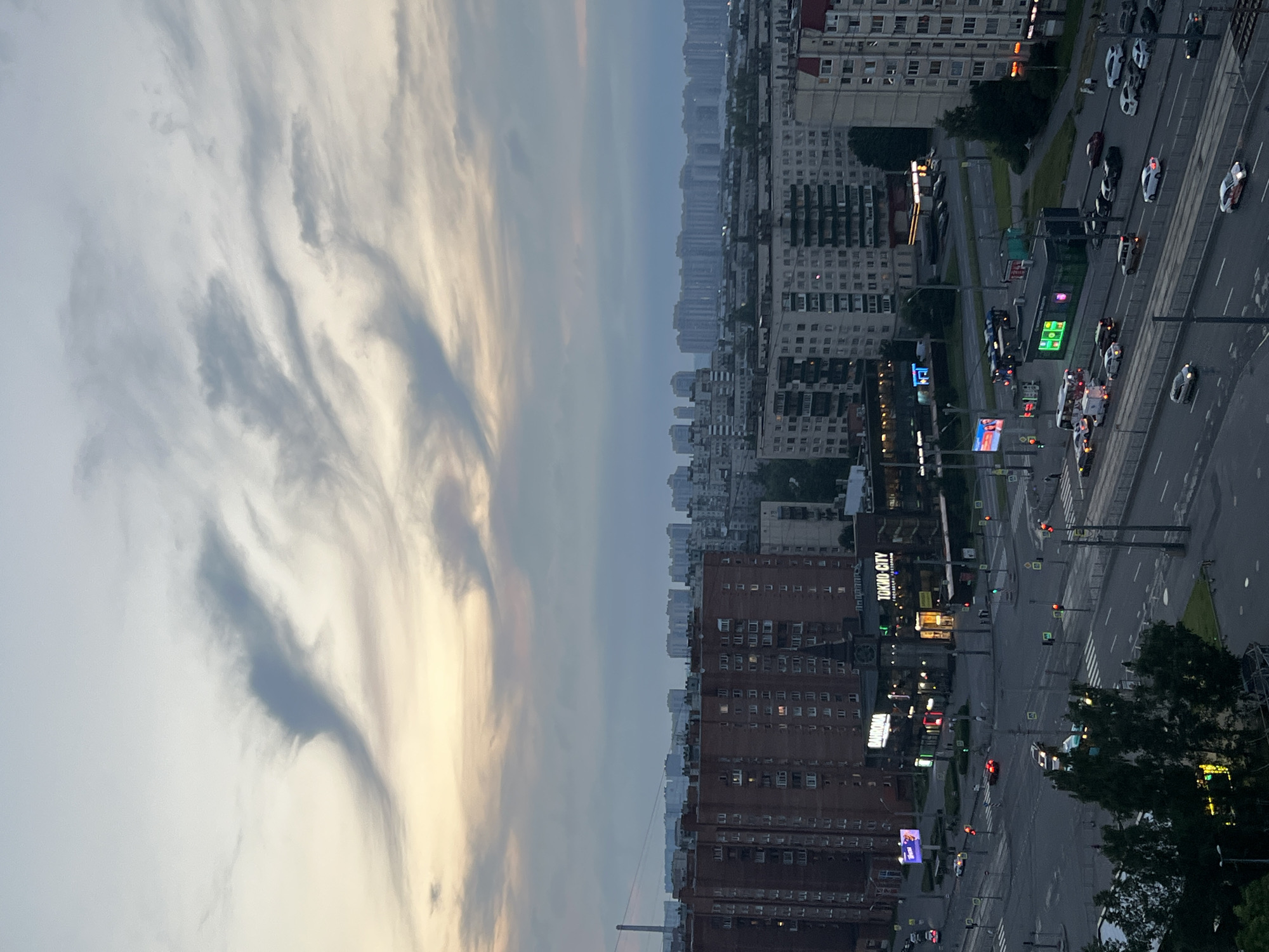 Russian residential neighborhood at golden hour, dusk in full effect