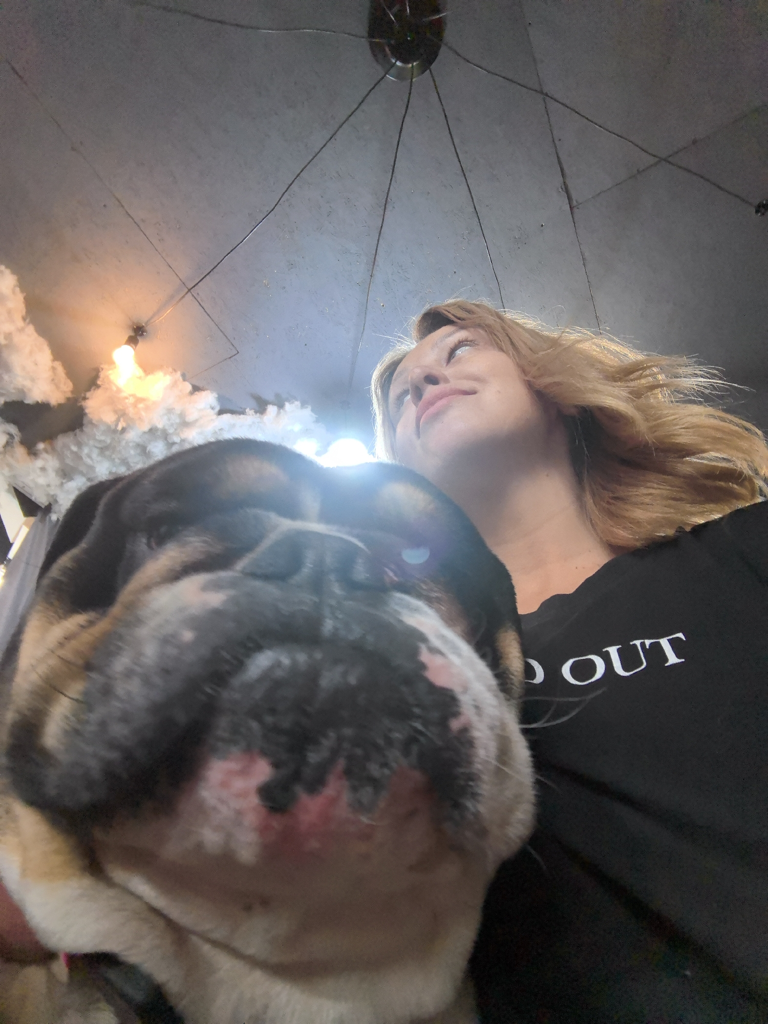Woman and bulldog photographed together in Noviy, Russia