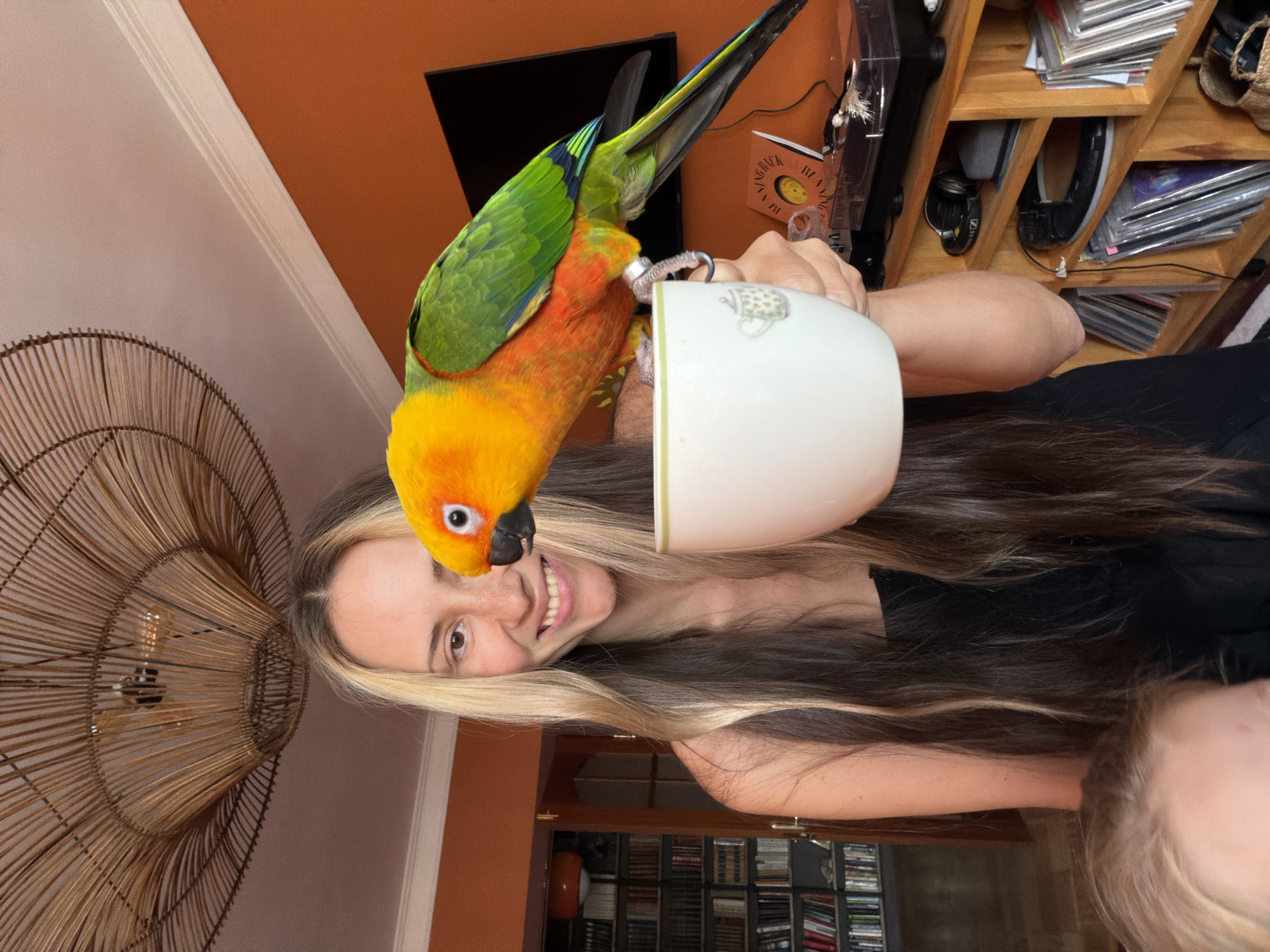 Home morning in Khimki with a sun conure and a toddler