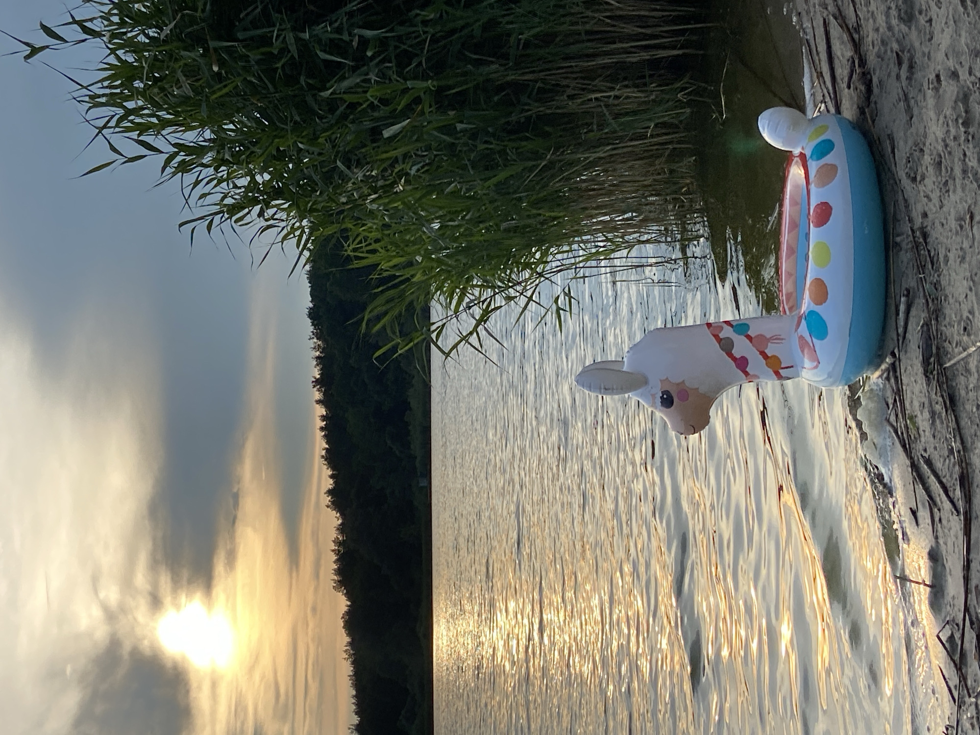 Lakeside campground at golden hour with cabins and a llama float