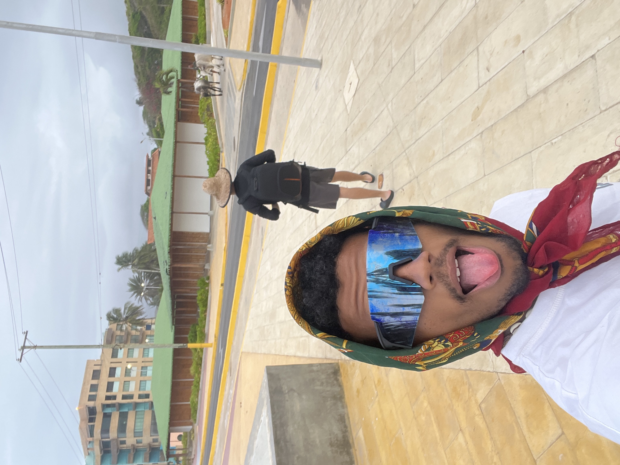 Tourist documents beach visit with selfies at Venezuelan coast