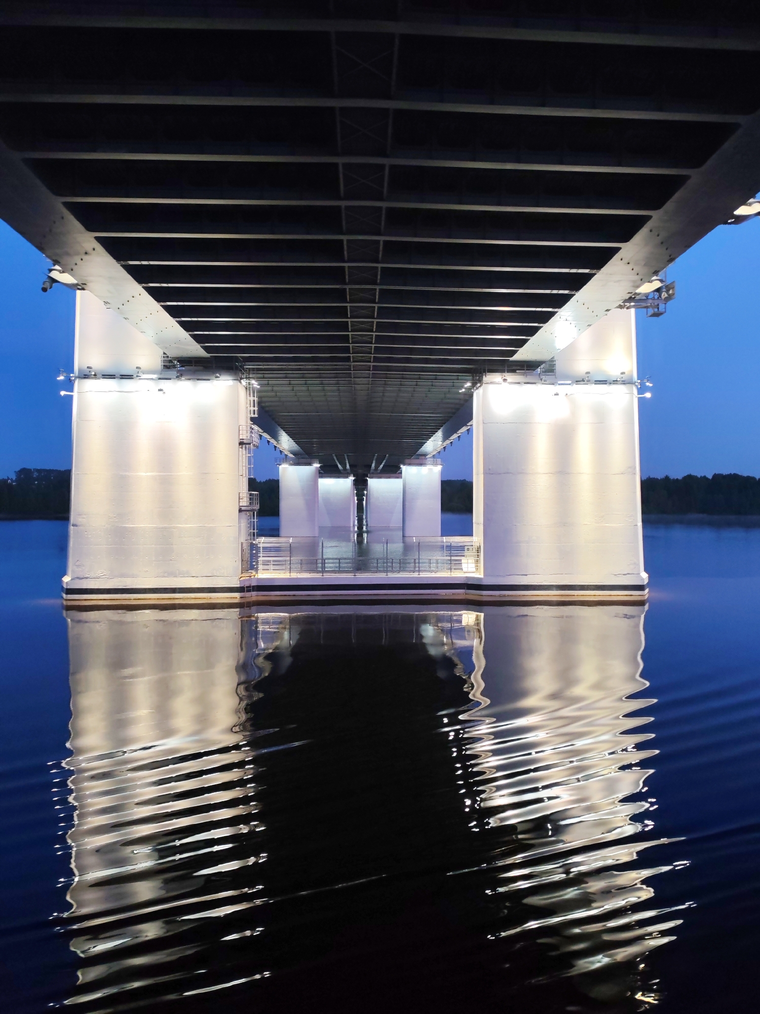 October Bridge illuminated at night in Cherepovets, Russia