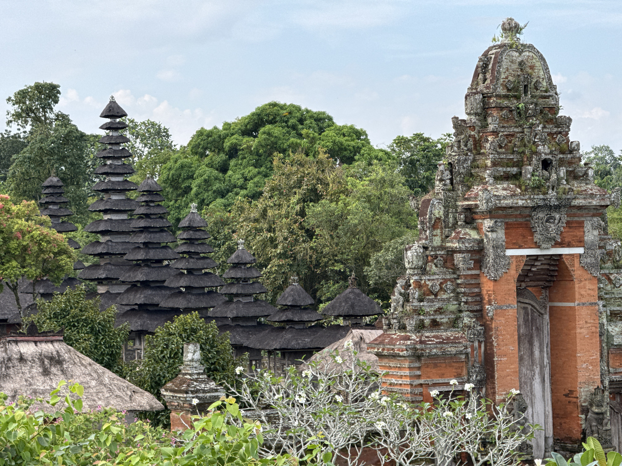 Tourist documents temple visit and nature interaction in Bali