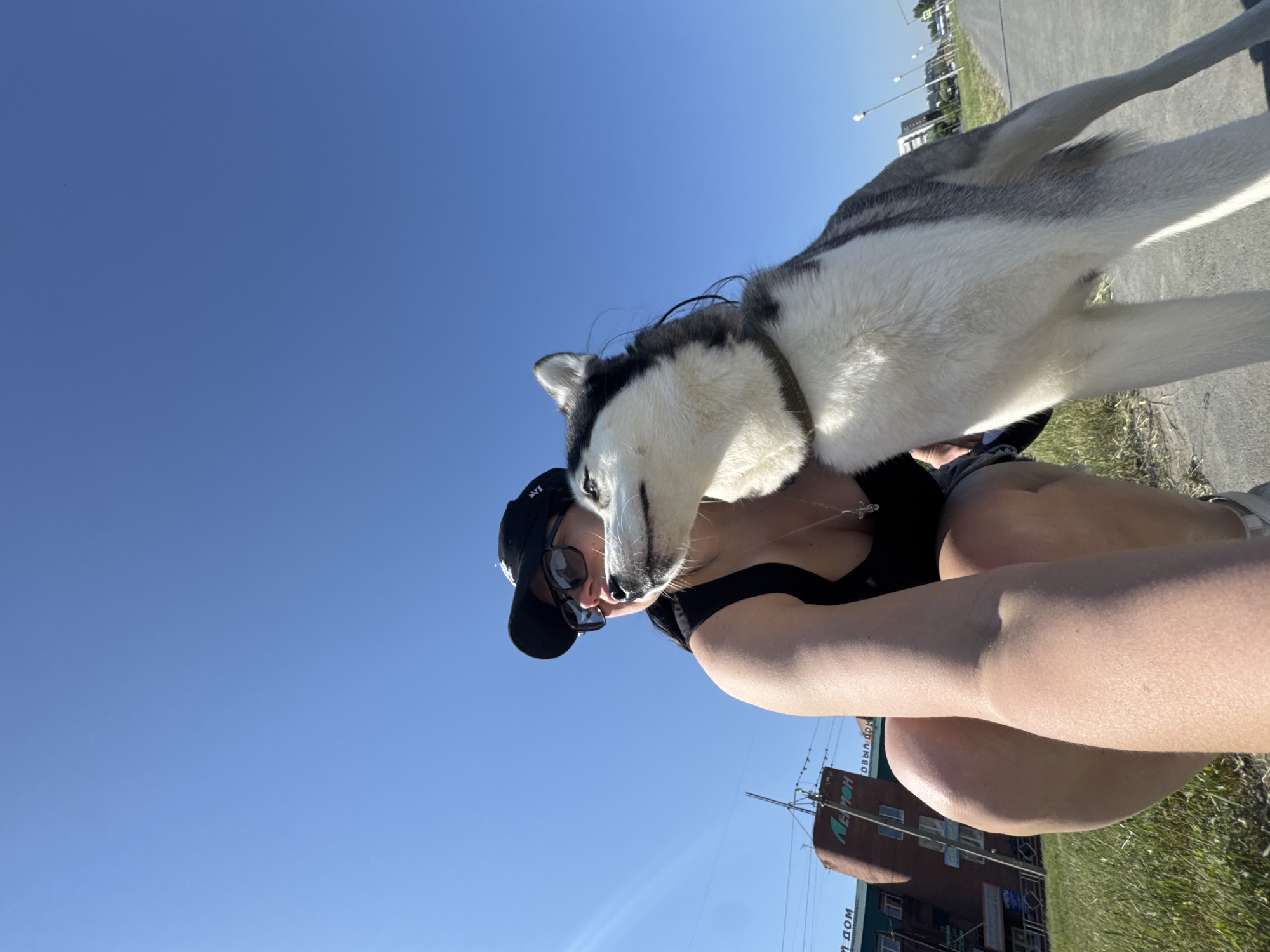 Woman and husky dog spotted during urban morning walk