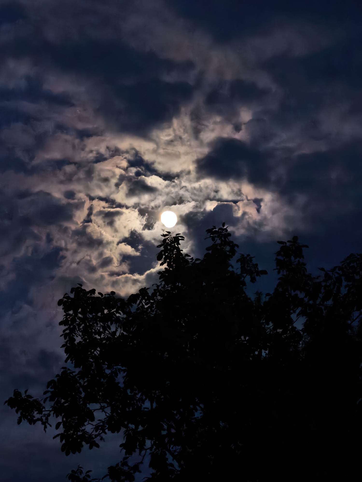 Full moon photographed through clouds in Svishtov, Bulgaria