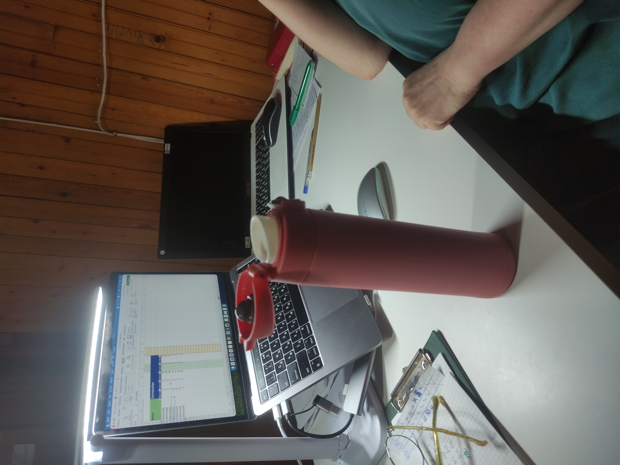 Workspace documentation includes laptops, thermos, and desk snacks hashtag
