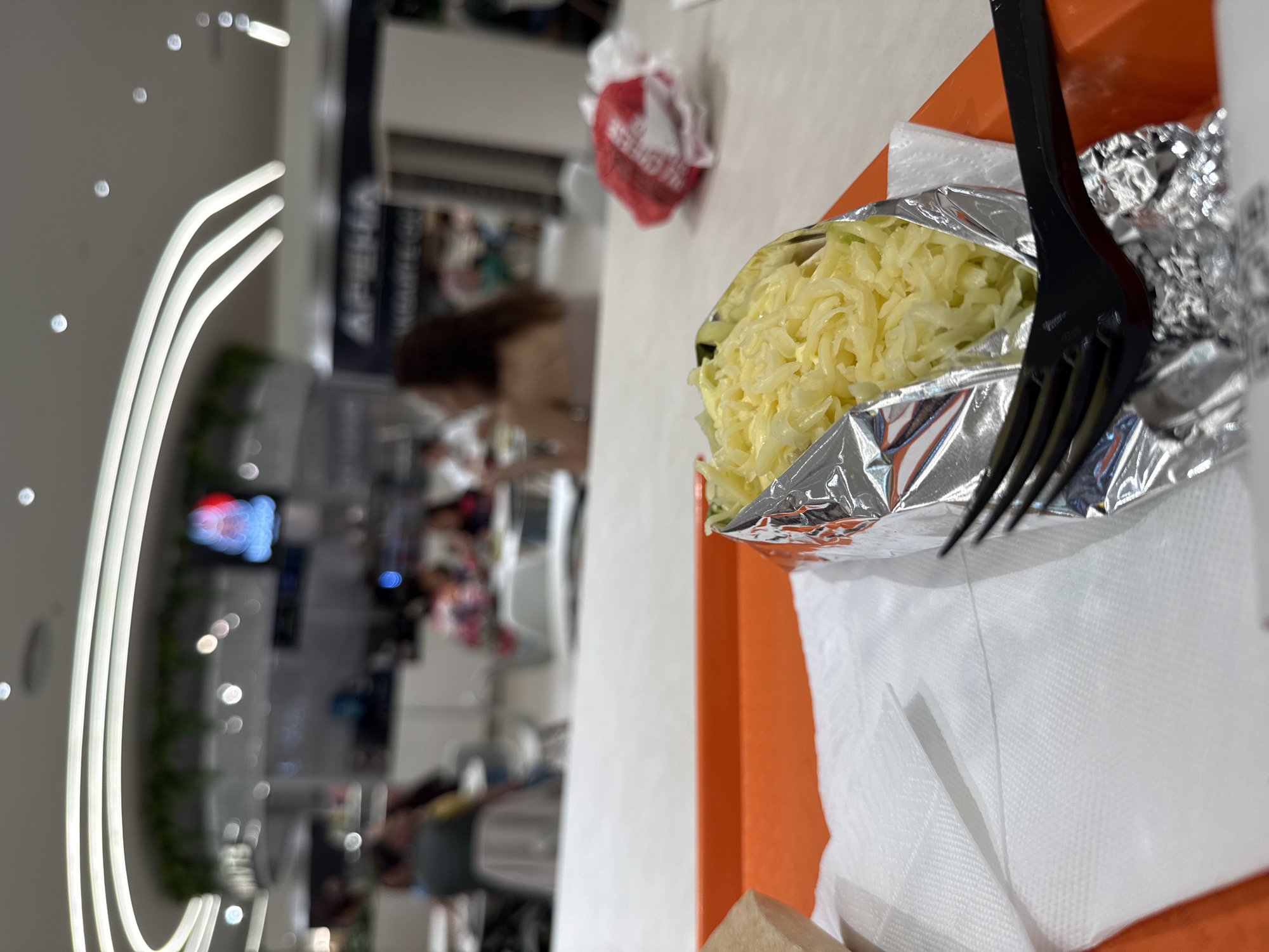Cheese-topped meal documented on orange tray in Sofia
