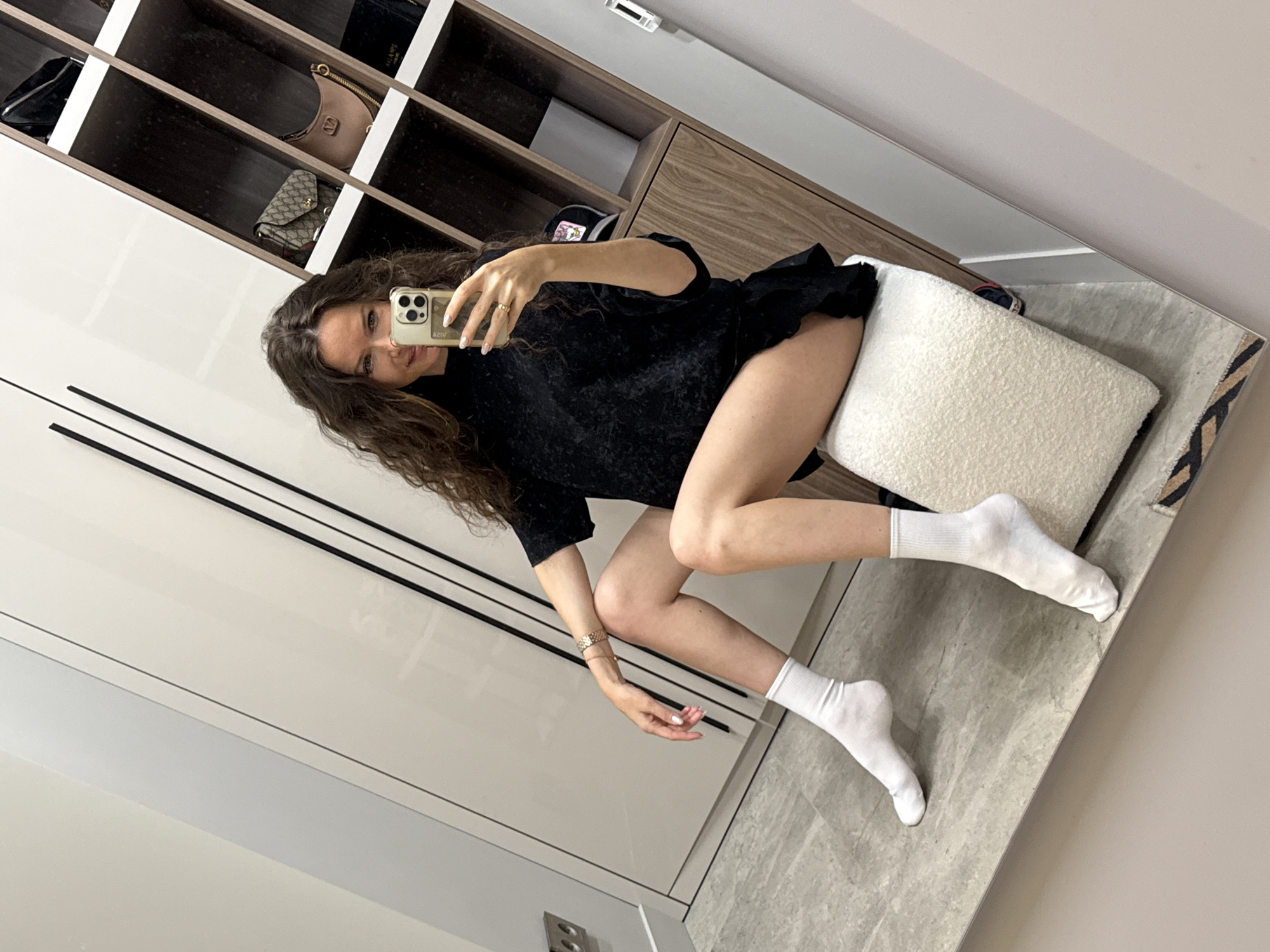 Morning selfie session with outfit changes in Dolgoprudny