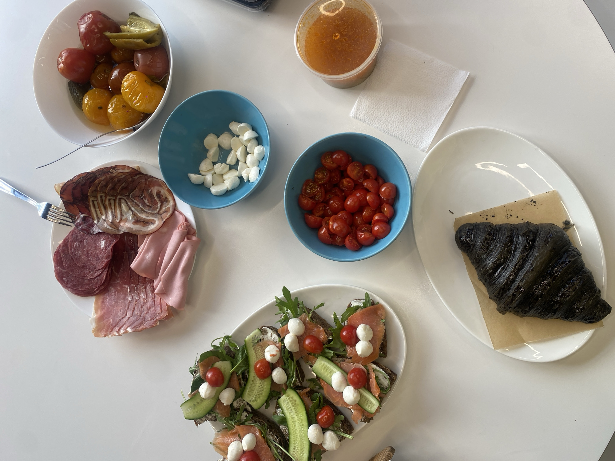 Overhead view of meal spread photographed in Moscow