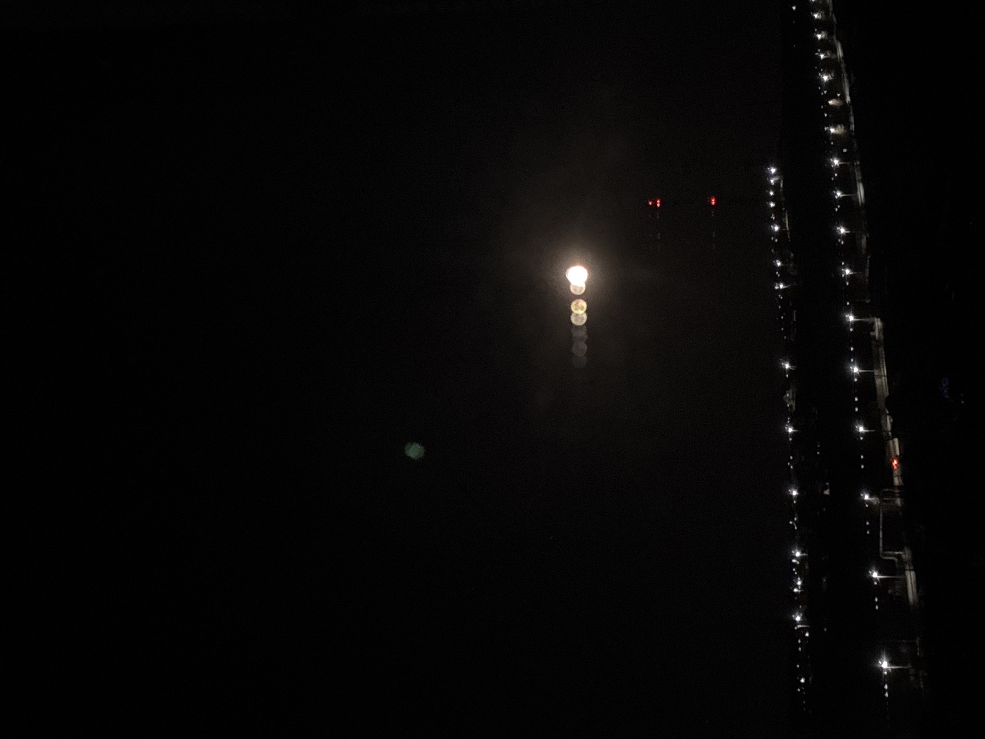 Moonlit evening scene captured along illuminated waterfront in Chaikovsky
