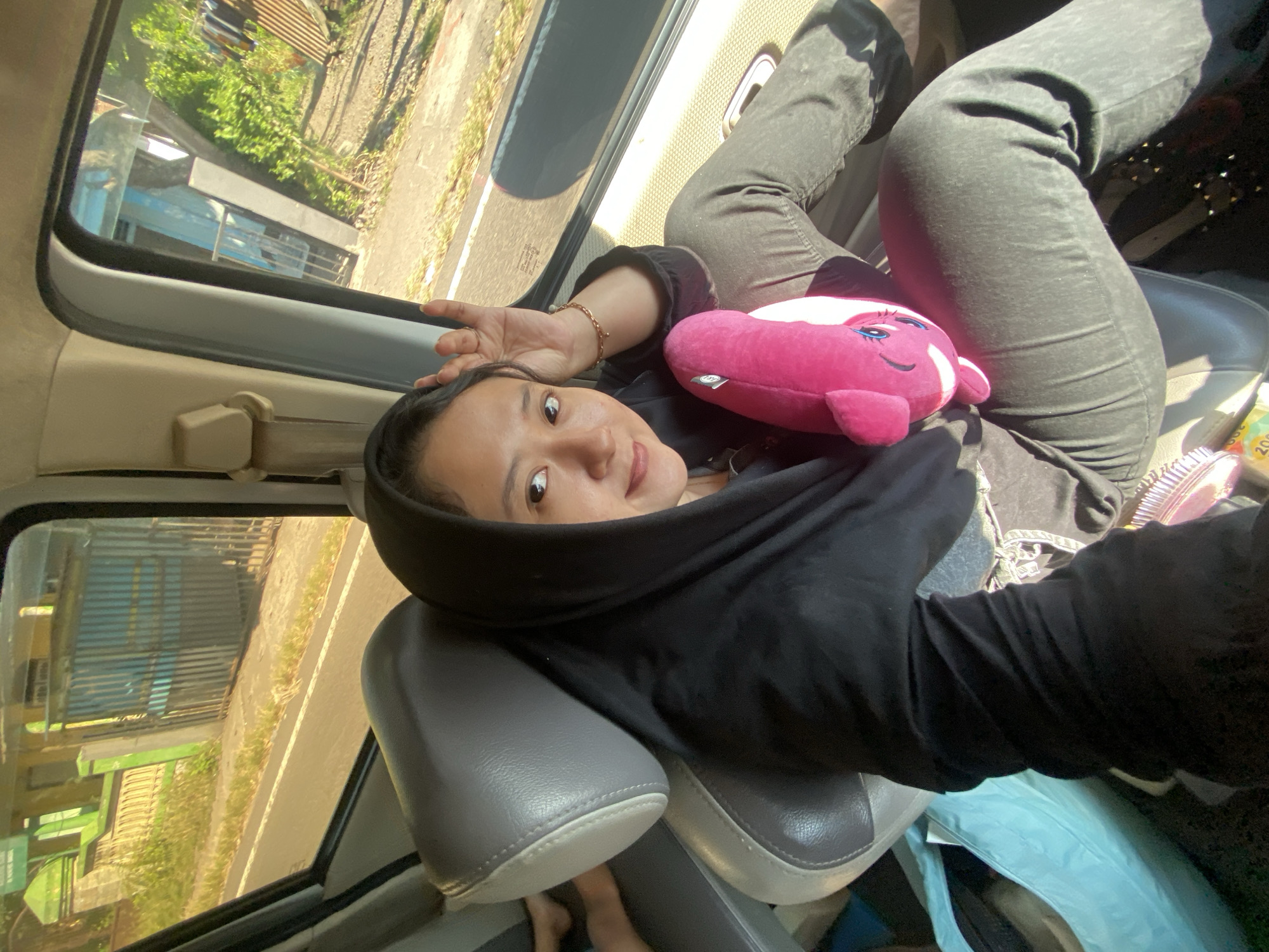 Playful poses with a pink stuffed whale in a moving vehicle
