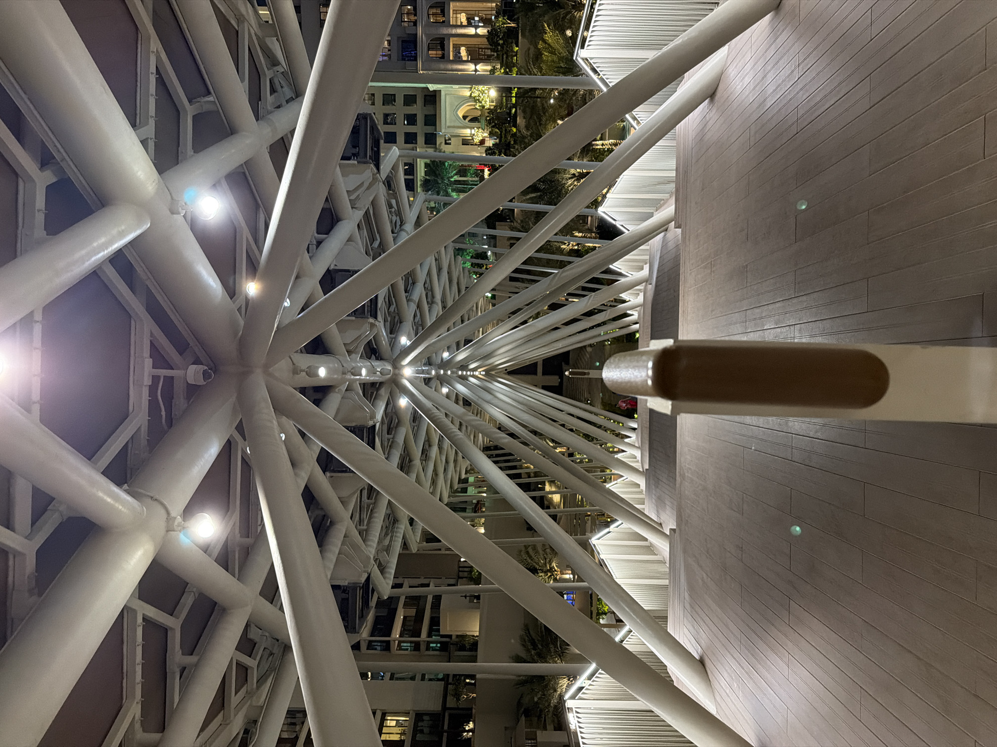 Witness captures upward view of Dubai architectural structure framework