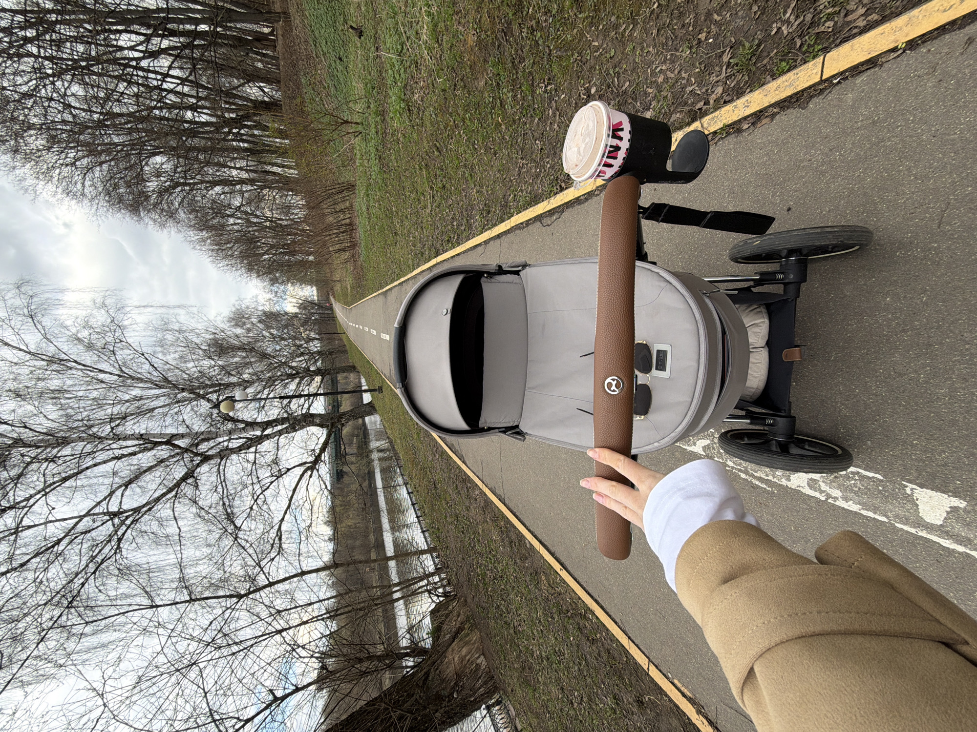 Parent pushes stroller along park path in Khimki