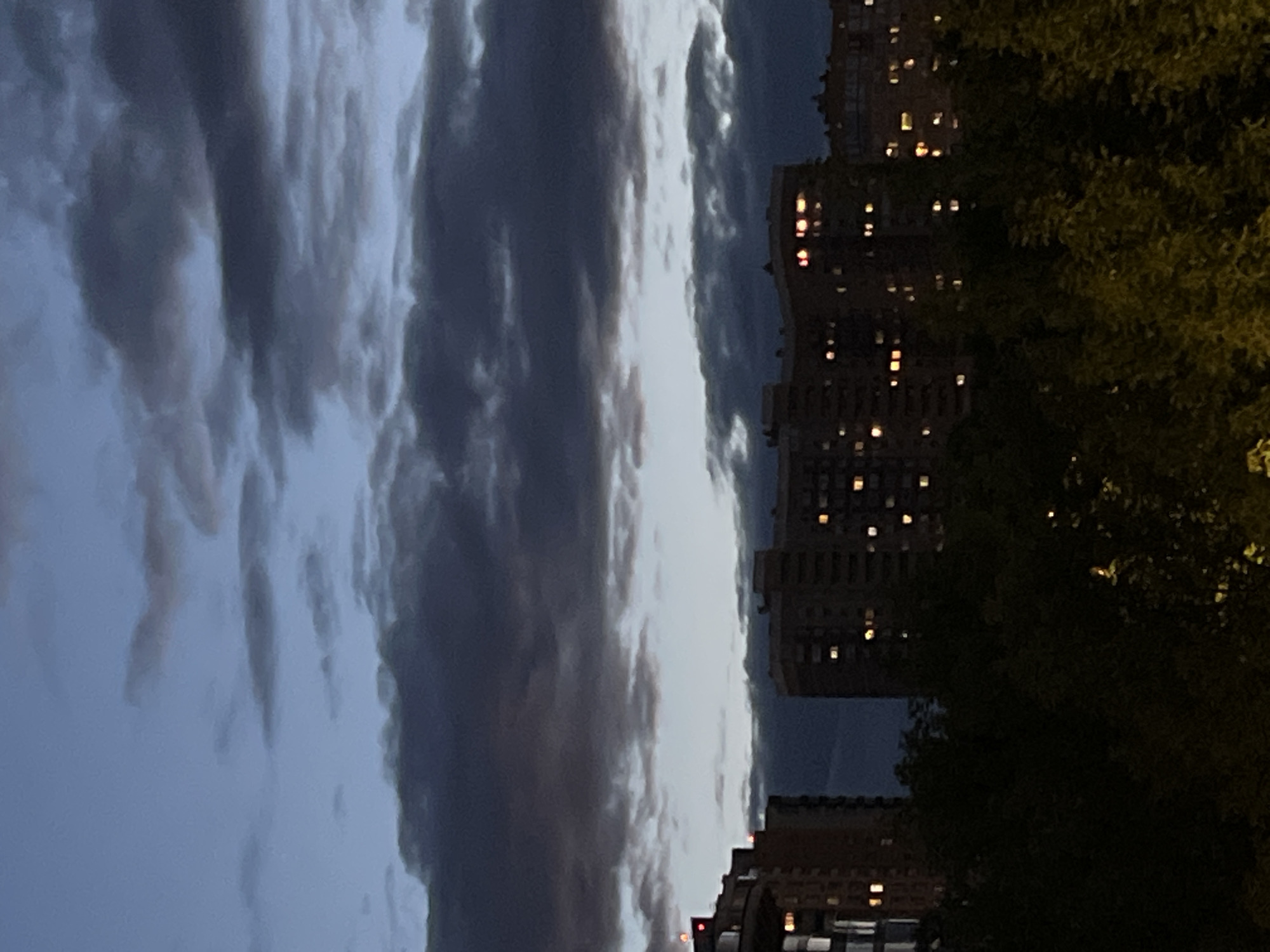 Dusk settles over a residential tower in Pushkino