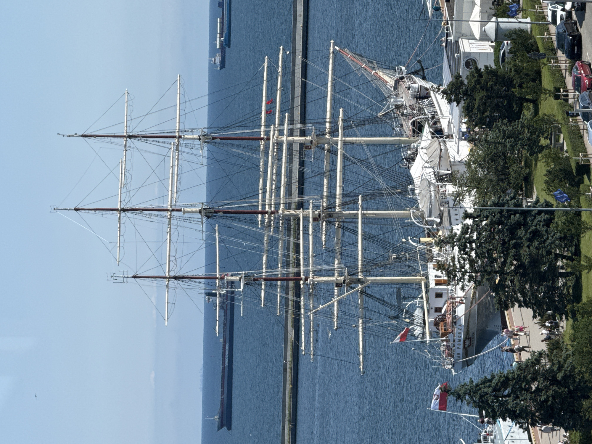 Gdynia's waterfront: tall ship, busy promenade, street works