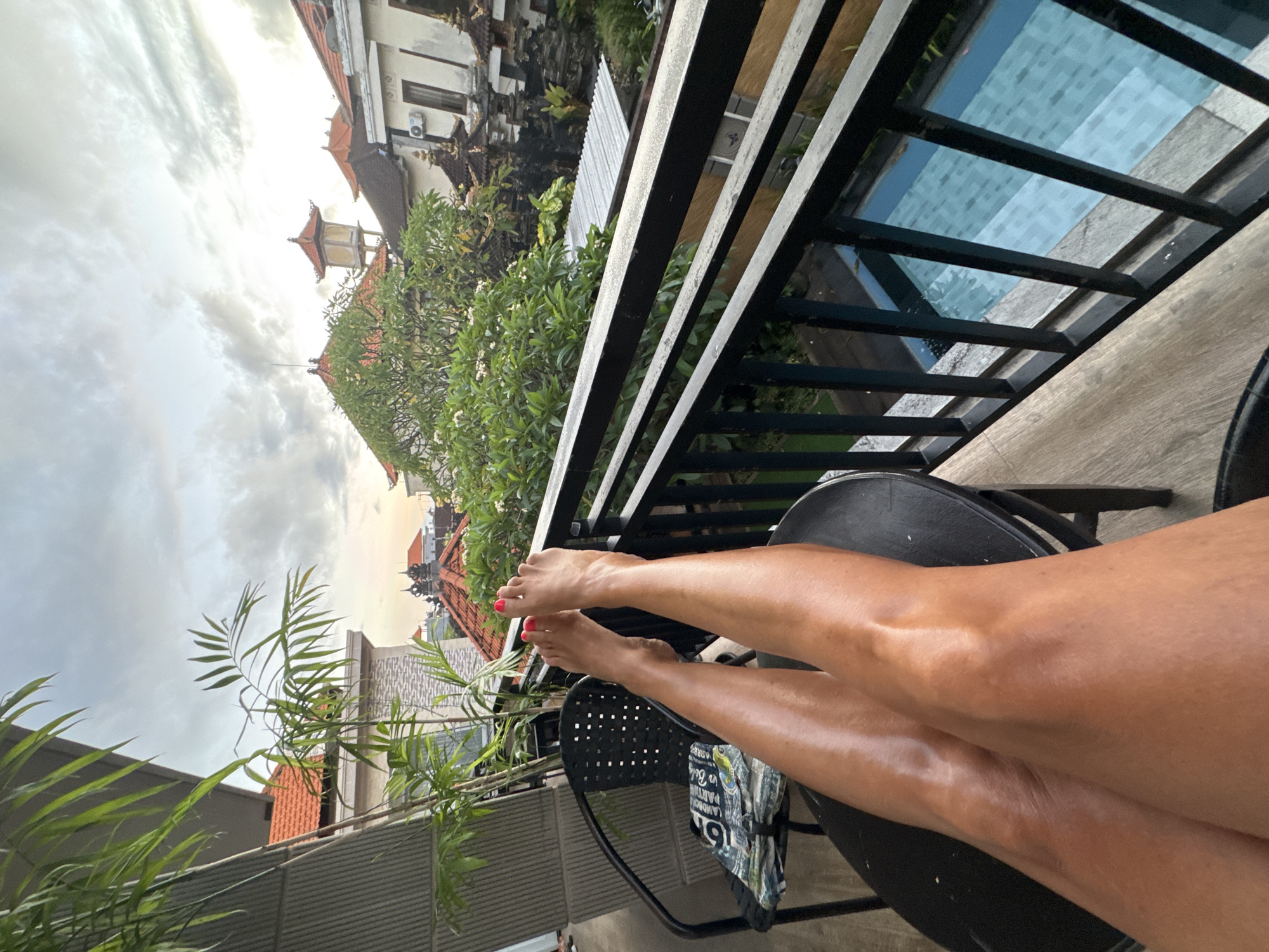 Evening balcony observations capture cat, architecture, pool in Kuta